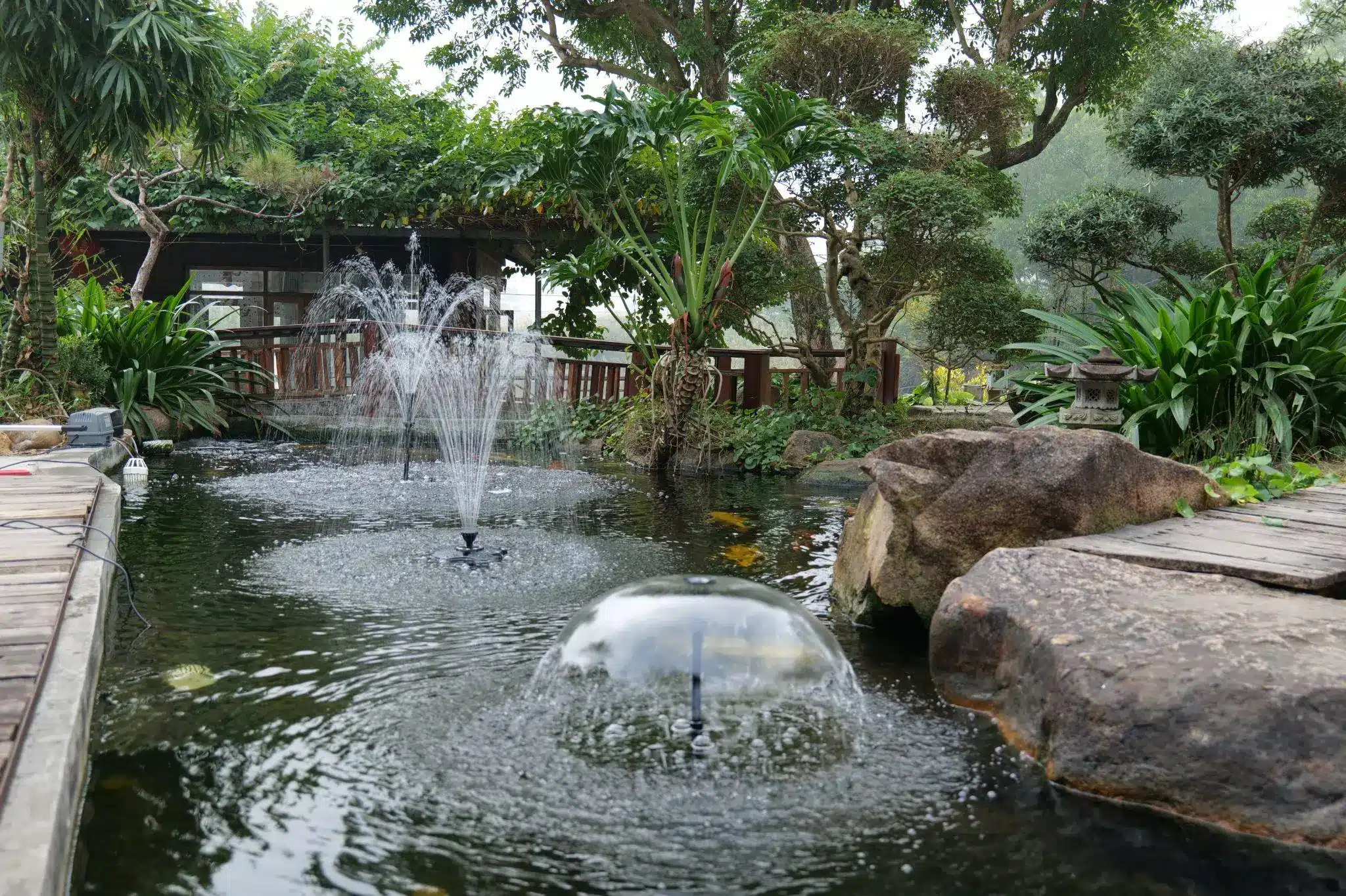 Outdoor koi pond with water fountains surrounded by lush greenery and wooden walkway