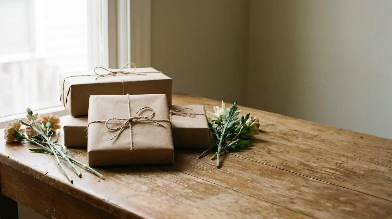 Wrapped gifts with twine and flowers on rustic wooden table near window