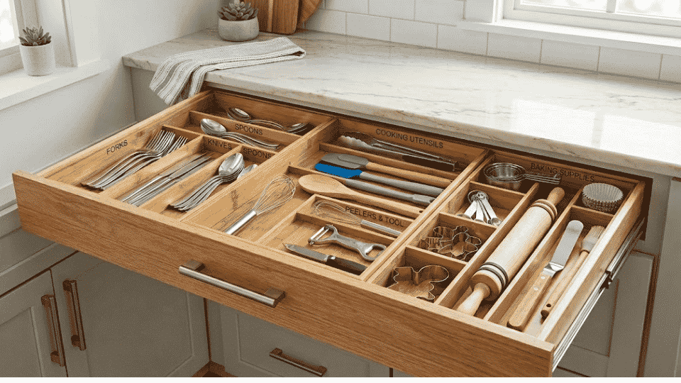 Drawer with labeled compartments: forks, spoons, knives, peelers, and baking utensils.