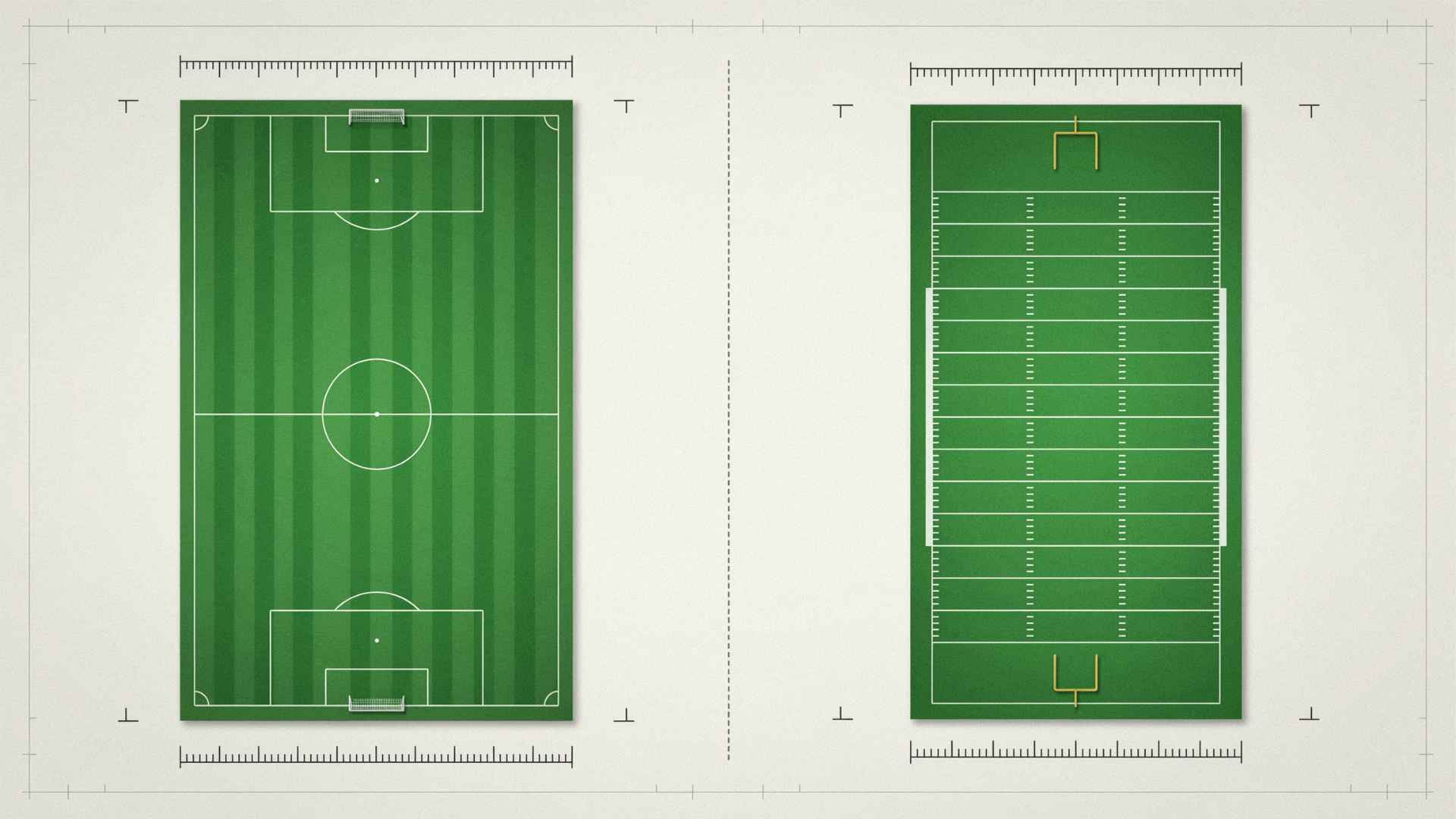 Soccer and football field dimensions compared from overhead