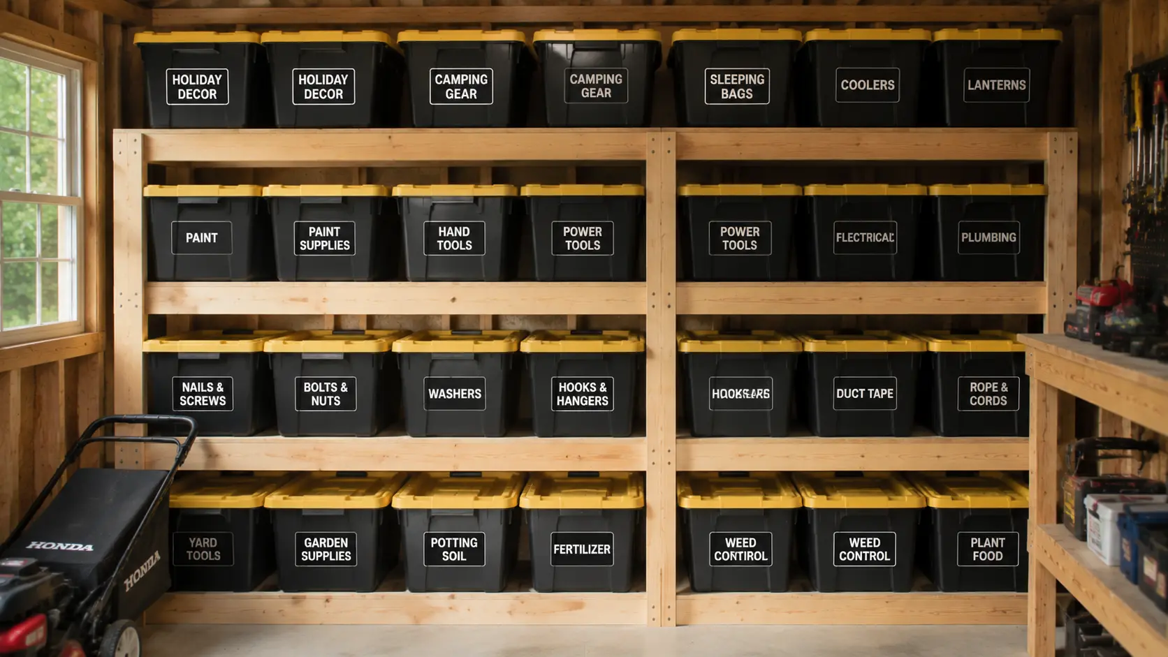 Labeled storage bins on shelves