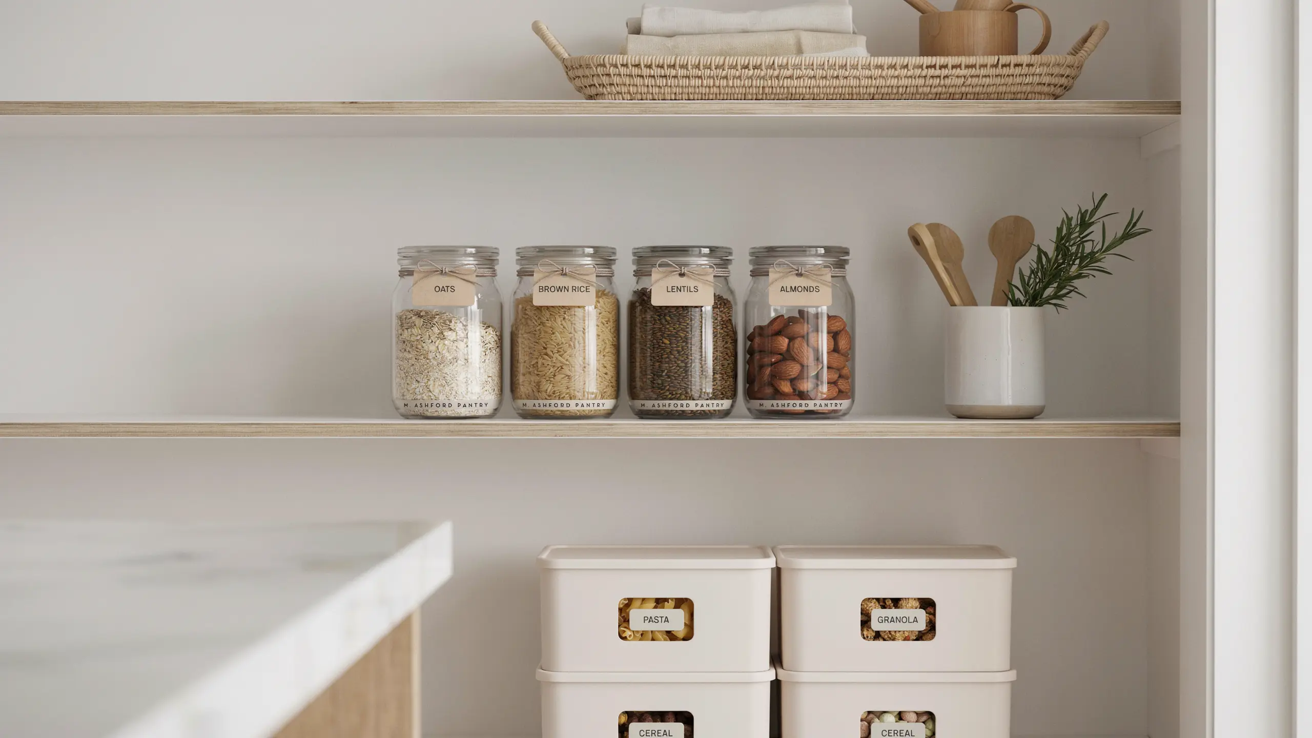 Neatly organized pantry shelves with labeled glass jars and storage bins for oats, rice, lentils, almonds, pasta, and cereal in a clean modern kitchen.