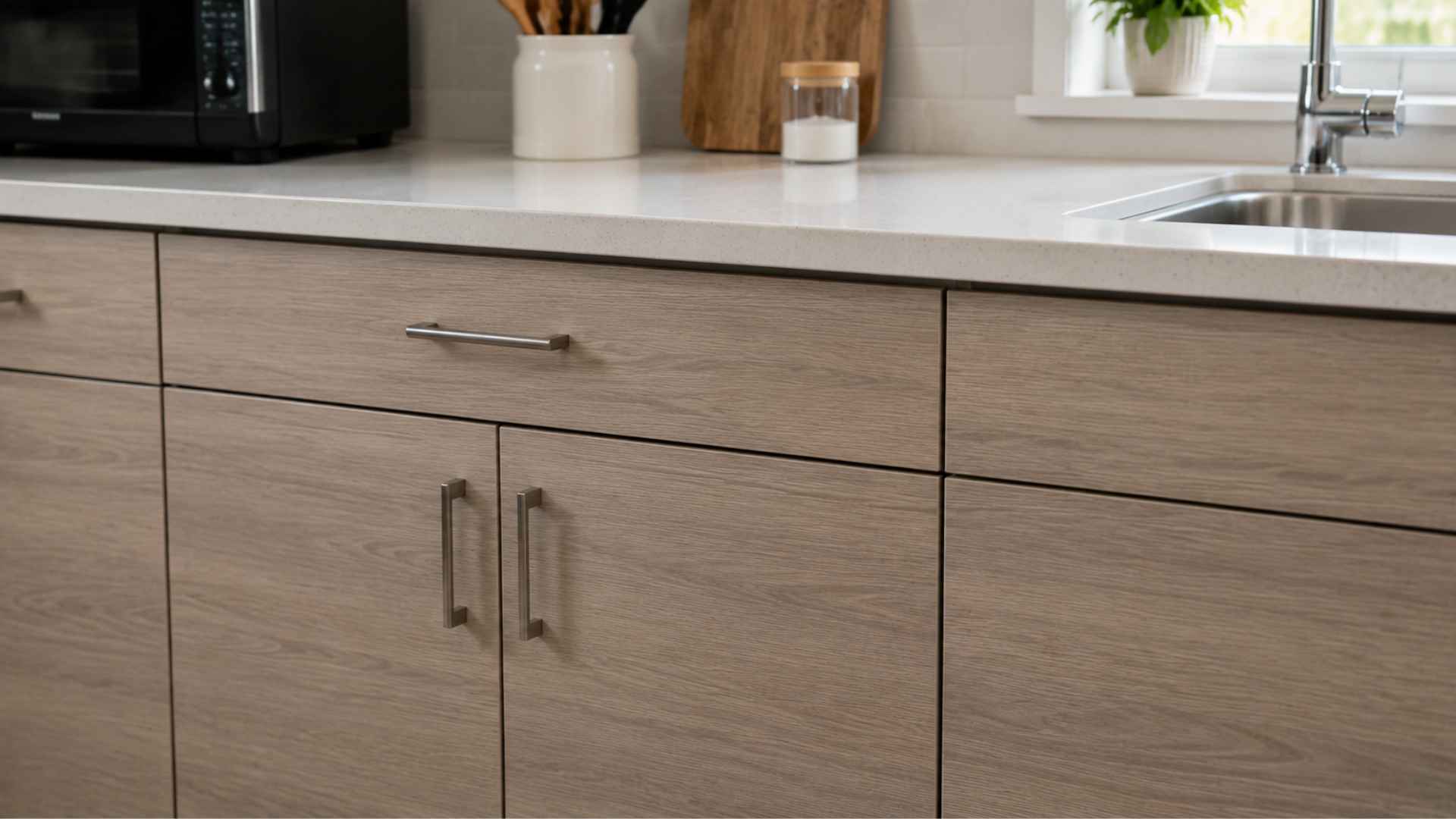Light wood-grain laminate cabinets with sleek silver handles, modern kitchen countertop.