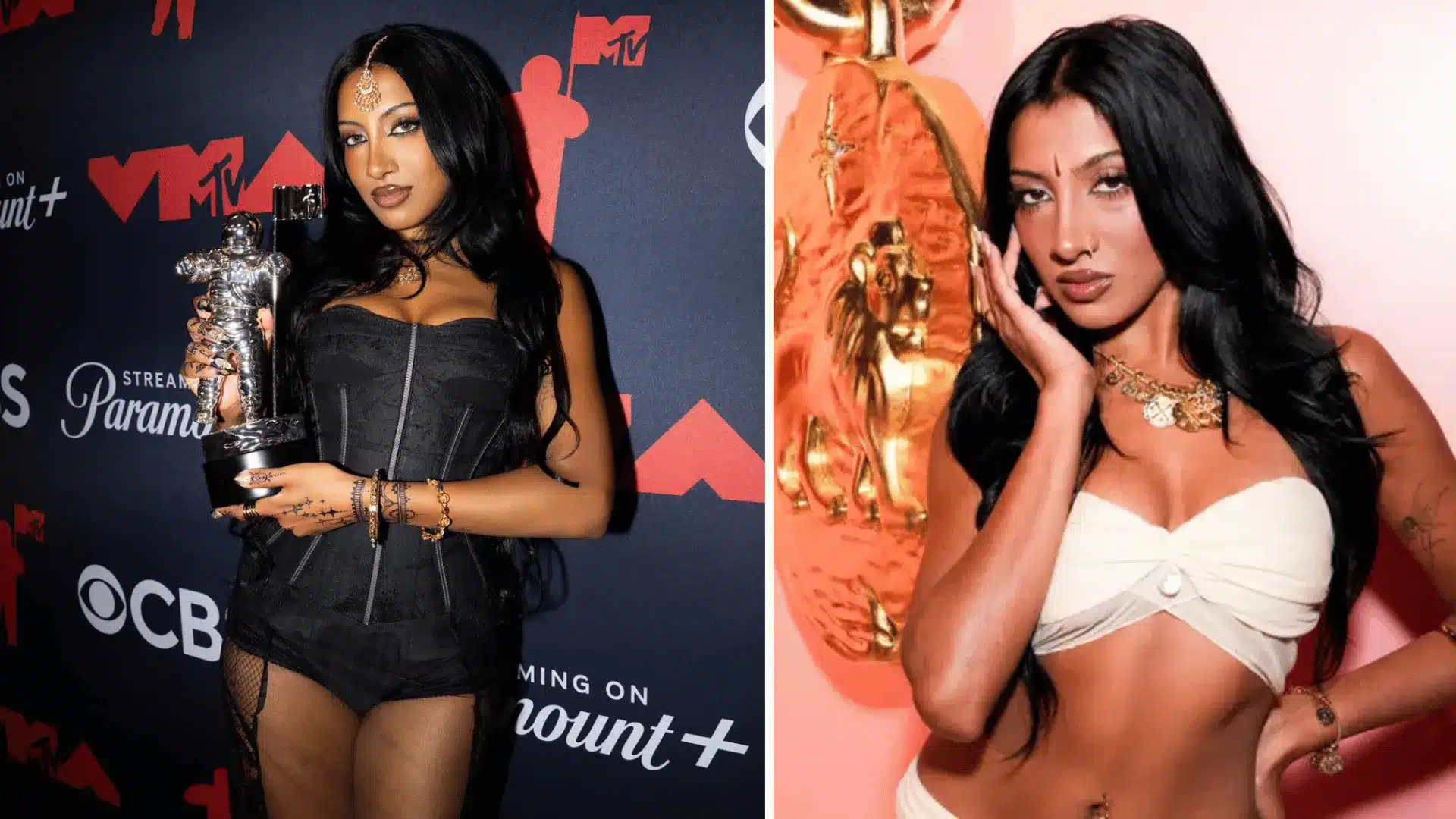 Side-by-side images of Lara Raj, one holding a trophy in a black outfit at an event, one in a white top posing against a pink background