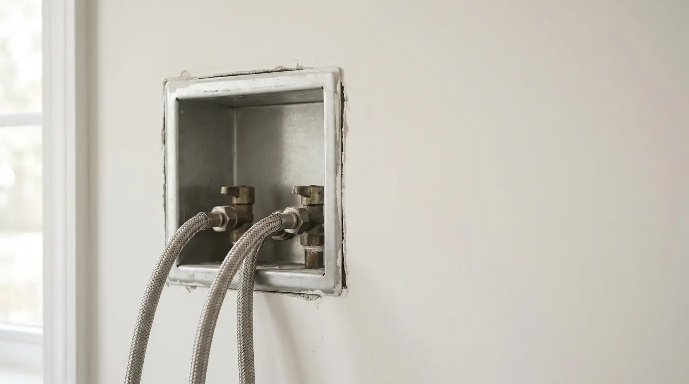 Water inlet box with two metal valves and braided hoses in a wall opening