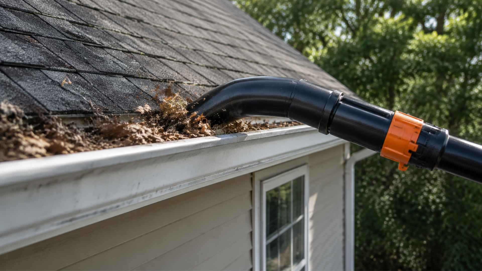 Leaf blower with gutter attachment clearing dry leaves from a white house gutter, outdoor daytime.