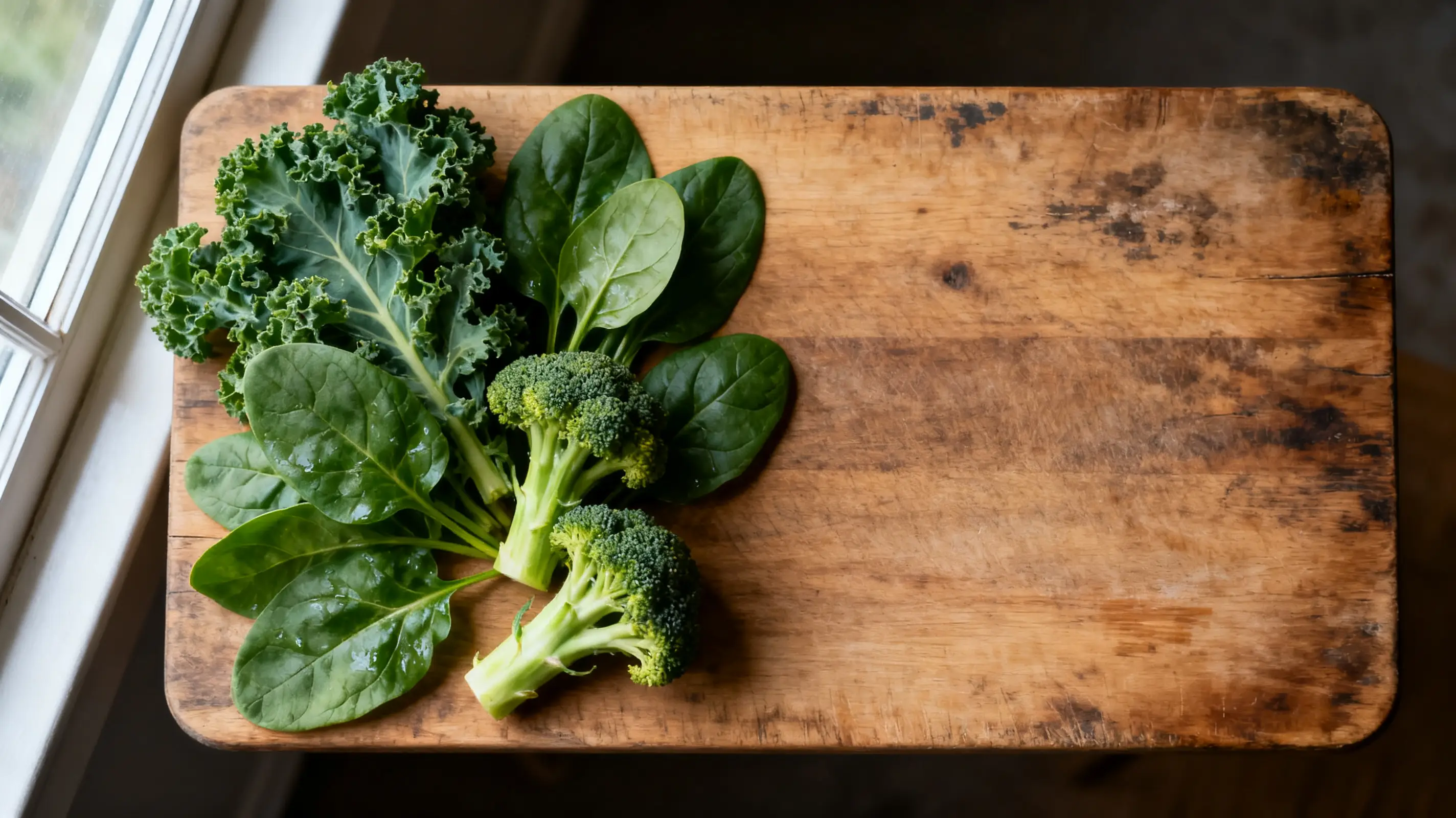Fresh kale, spinach, and broccoli on a rustic wooden cutting board near a window