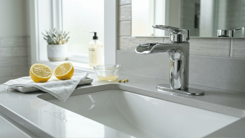 Shiny chrome faucet and sink cleaned of hard water stains using fresh lemon juice.