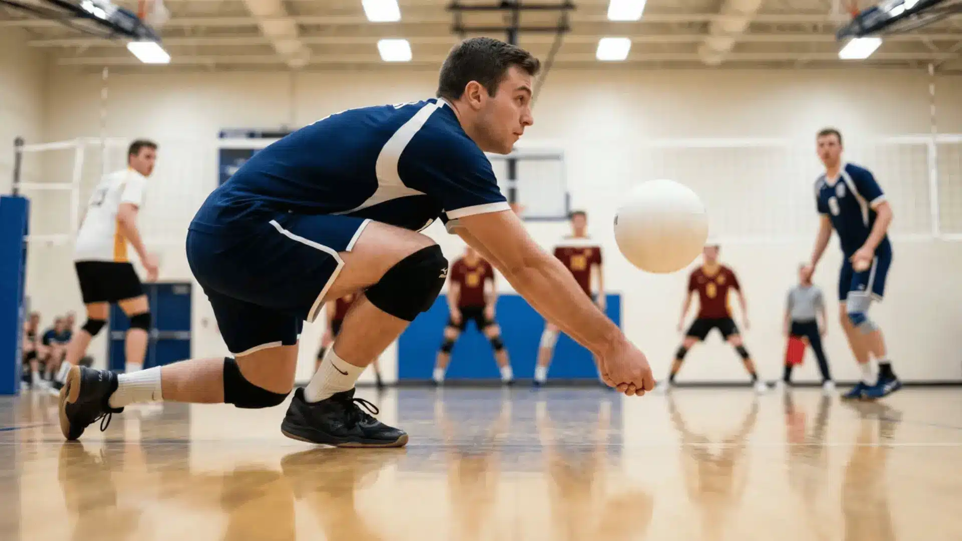 Libero making a defensive dig in the back row of a volleyball court