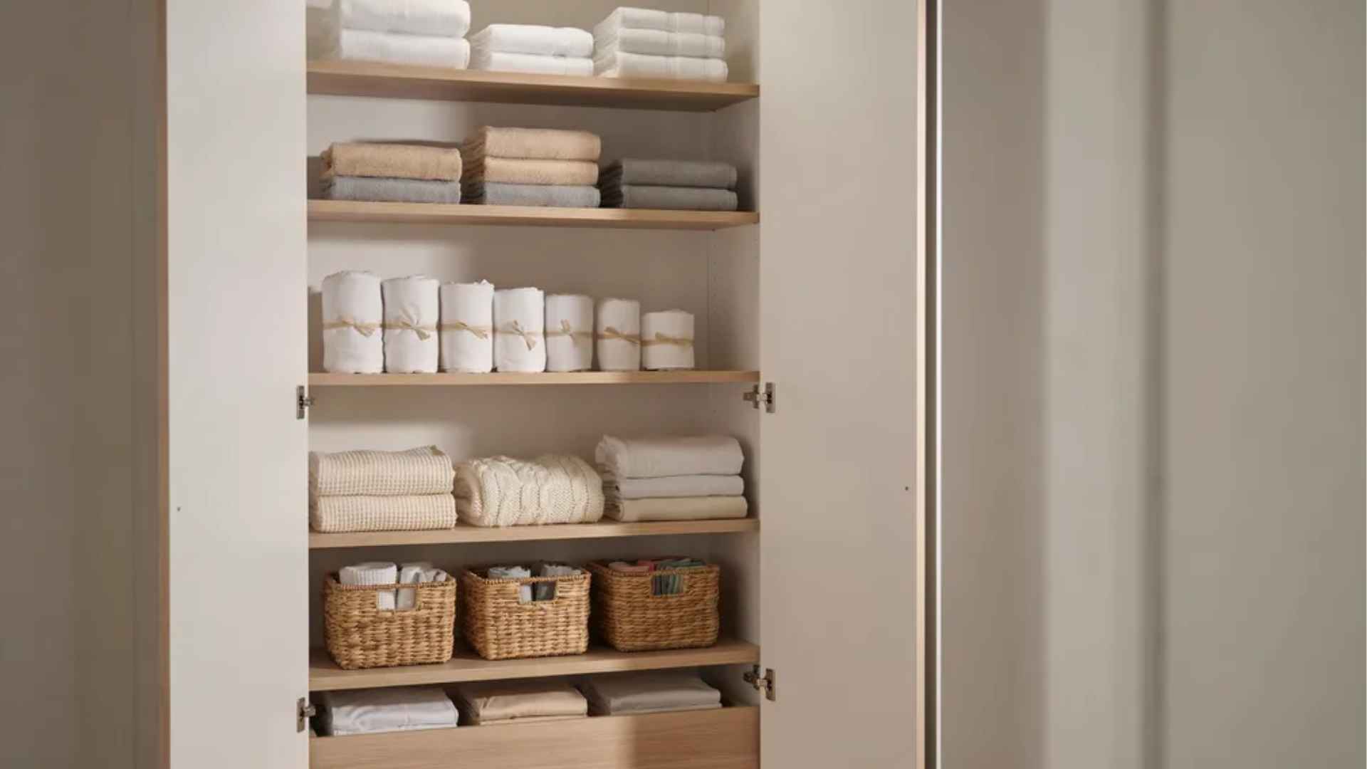 Minimalist linen closet tidy with organized towels, sheets, blankets, pillowcases, and labeled shelves.
