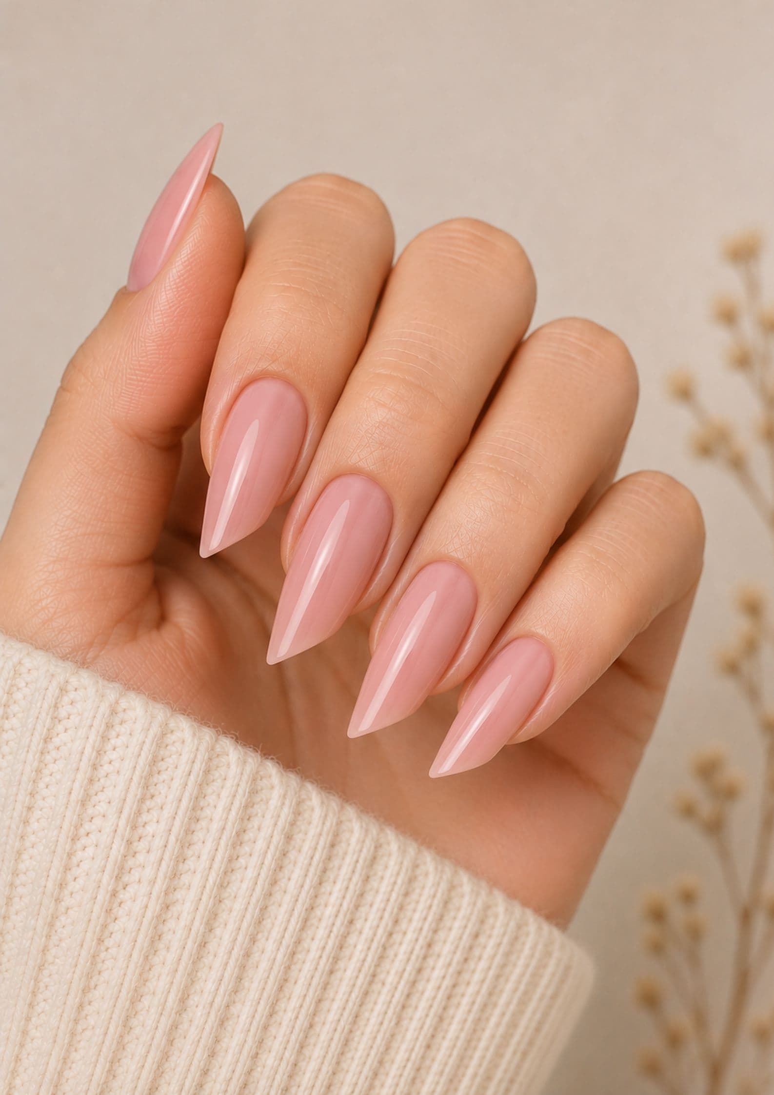 Lipstick nails with angled slanted tips and glossy nude finish