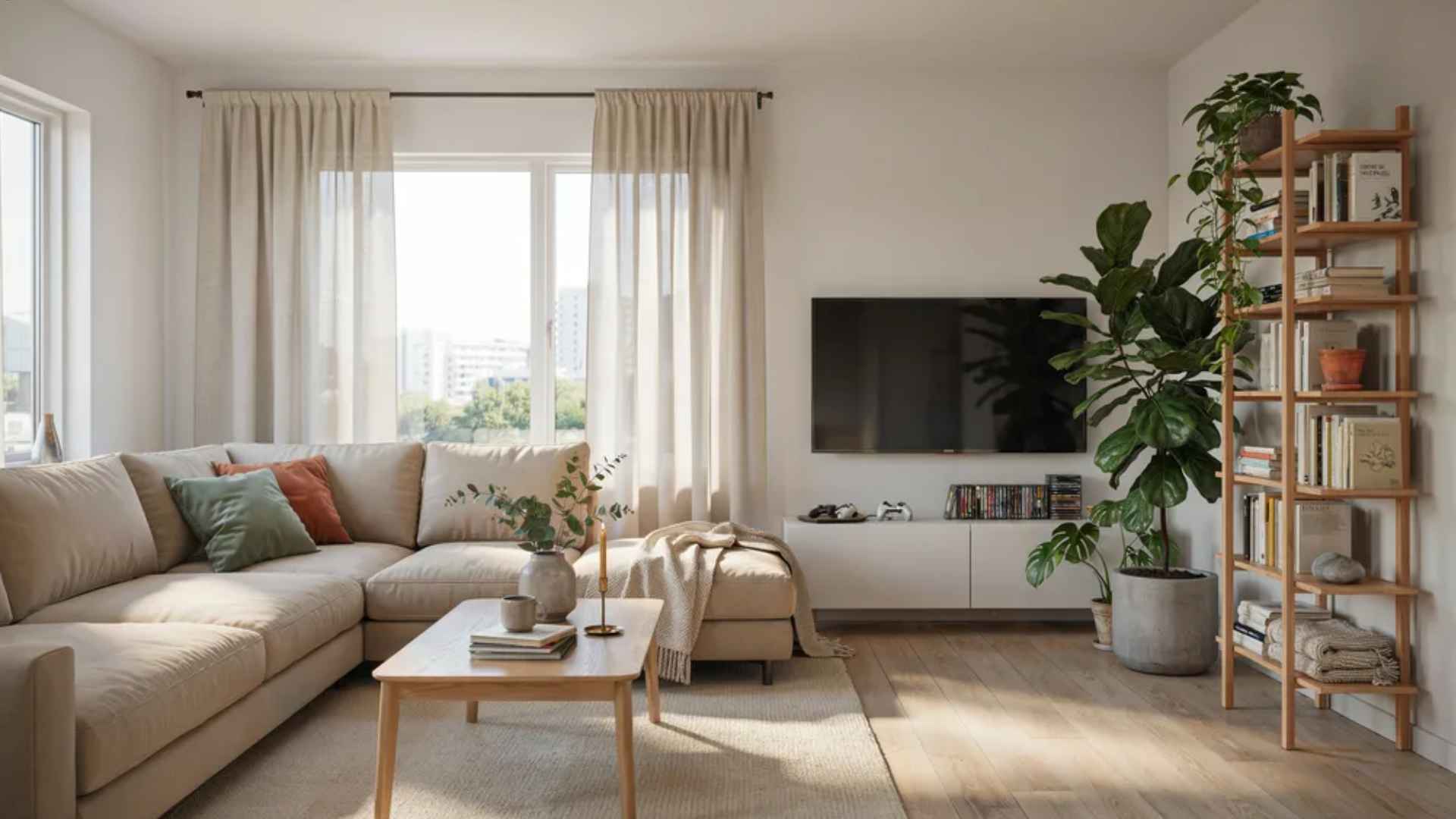 Minimalist living room tidy with organized seating, media, coffee table, shelves, and indoor plants, bright and cozy.