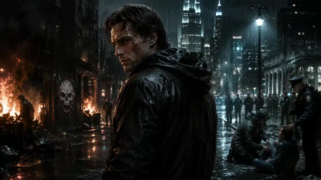 Lone anti-hero standing in a dark city street