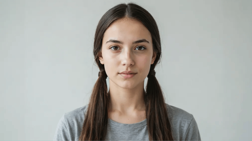 Middle-part low pigtails on smooth straight hair, clean simple Y2K inspired early 2000s hairstyle look