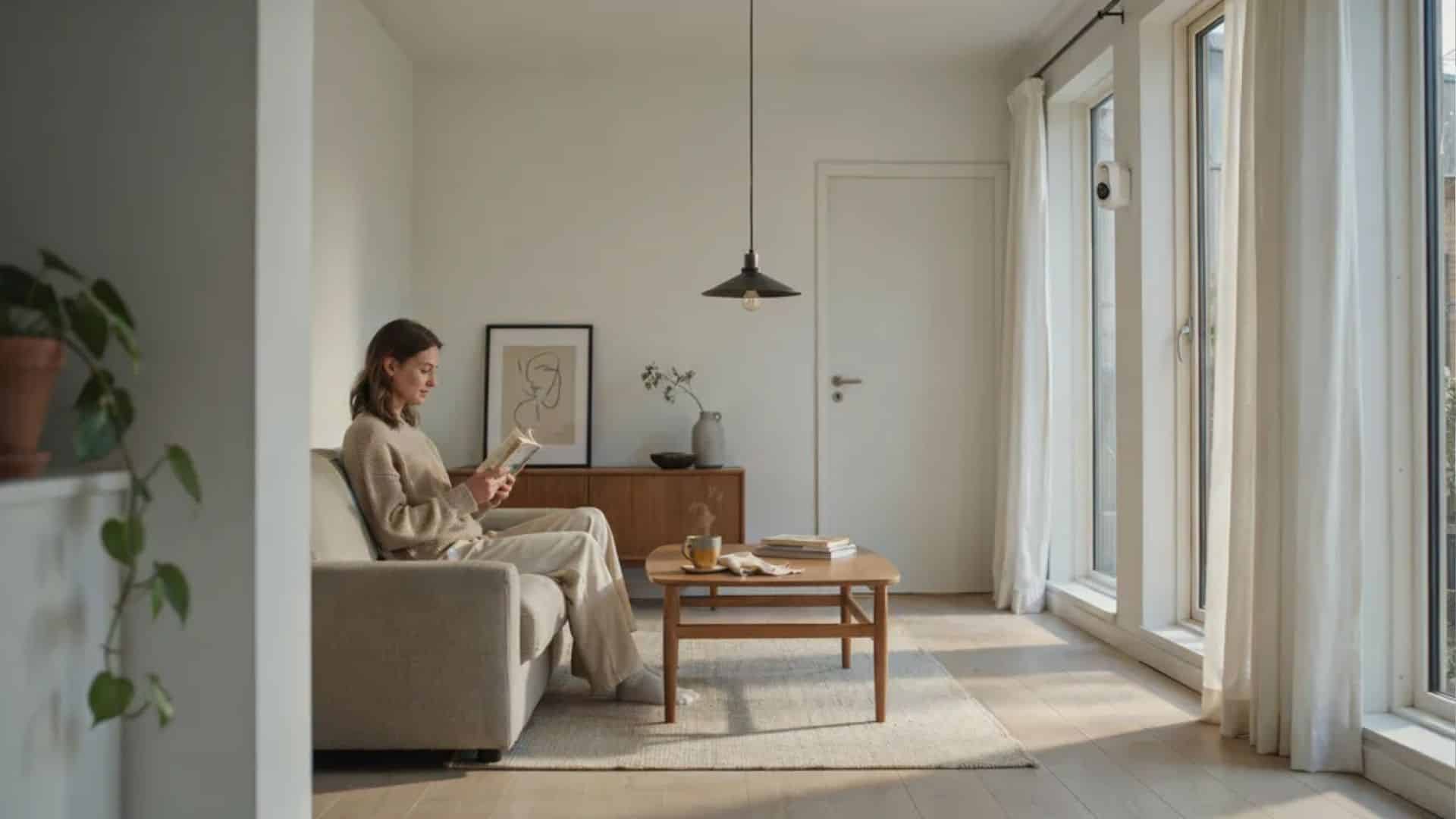 Woman reading a book in a sunlit minimalist living room with sofa, coffee table, and large windows.