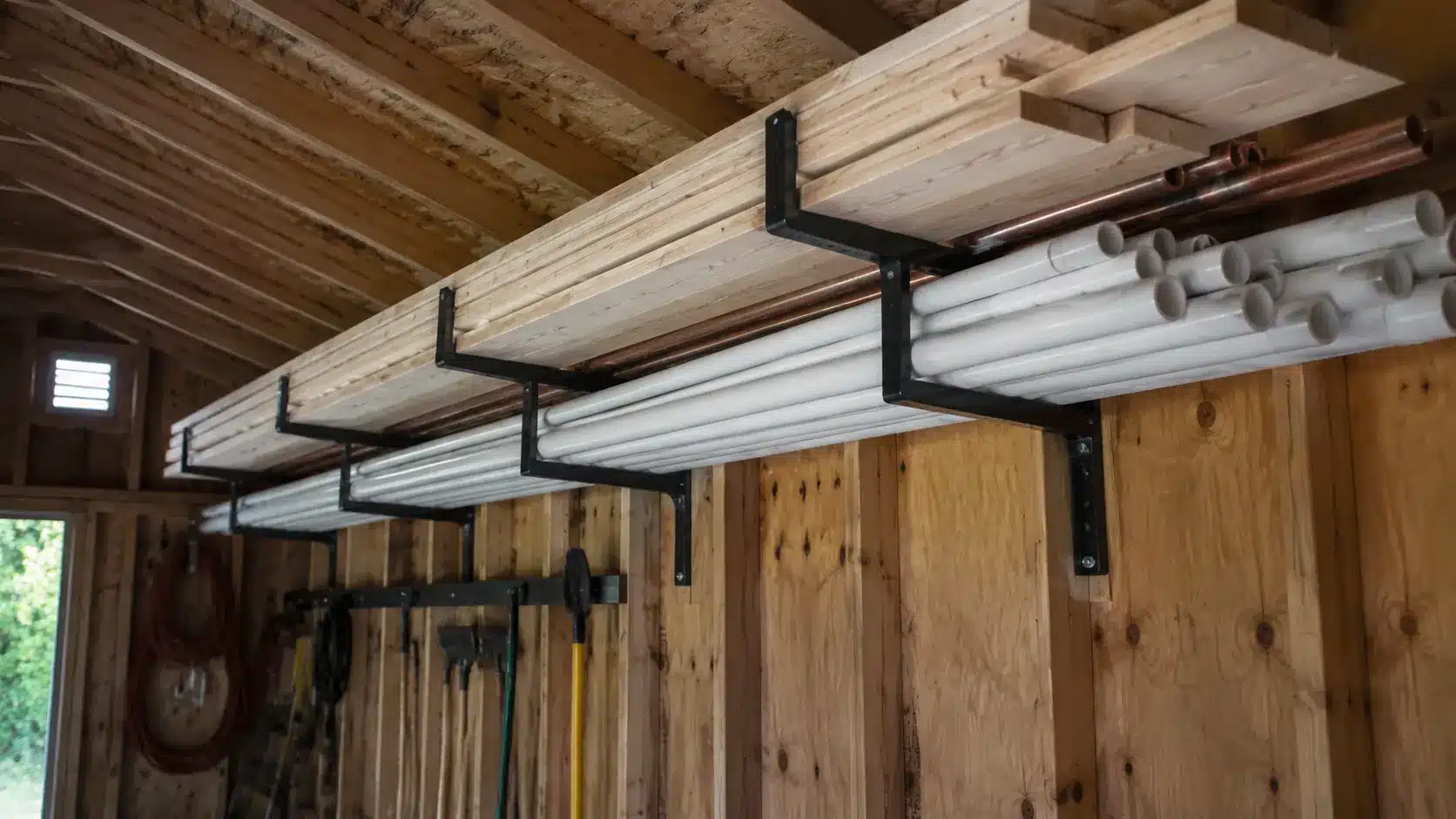Lumber stored on overhead brackets