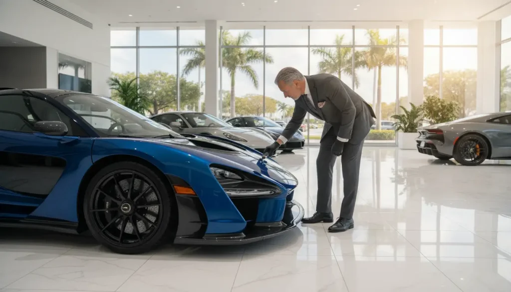 Man in suit inspecting blue sports car in luxurious dealership with large windows