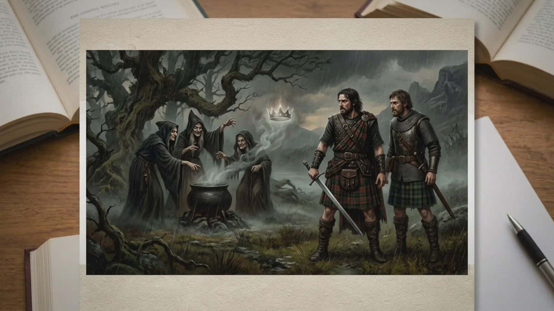 Illustration inspired by Macbeth showing three witches gathered around a cauldron while two armed warriors watch beneath a stormy sky and a mysterious floating crown.