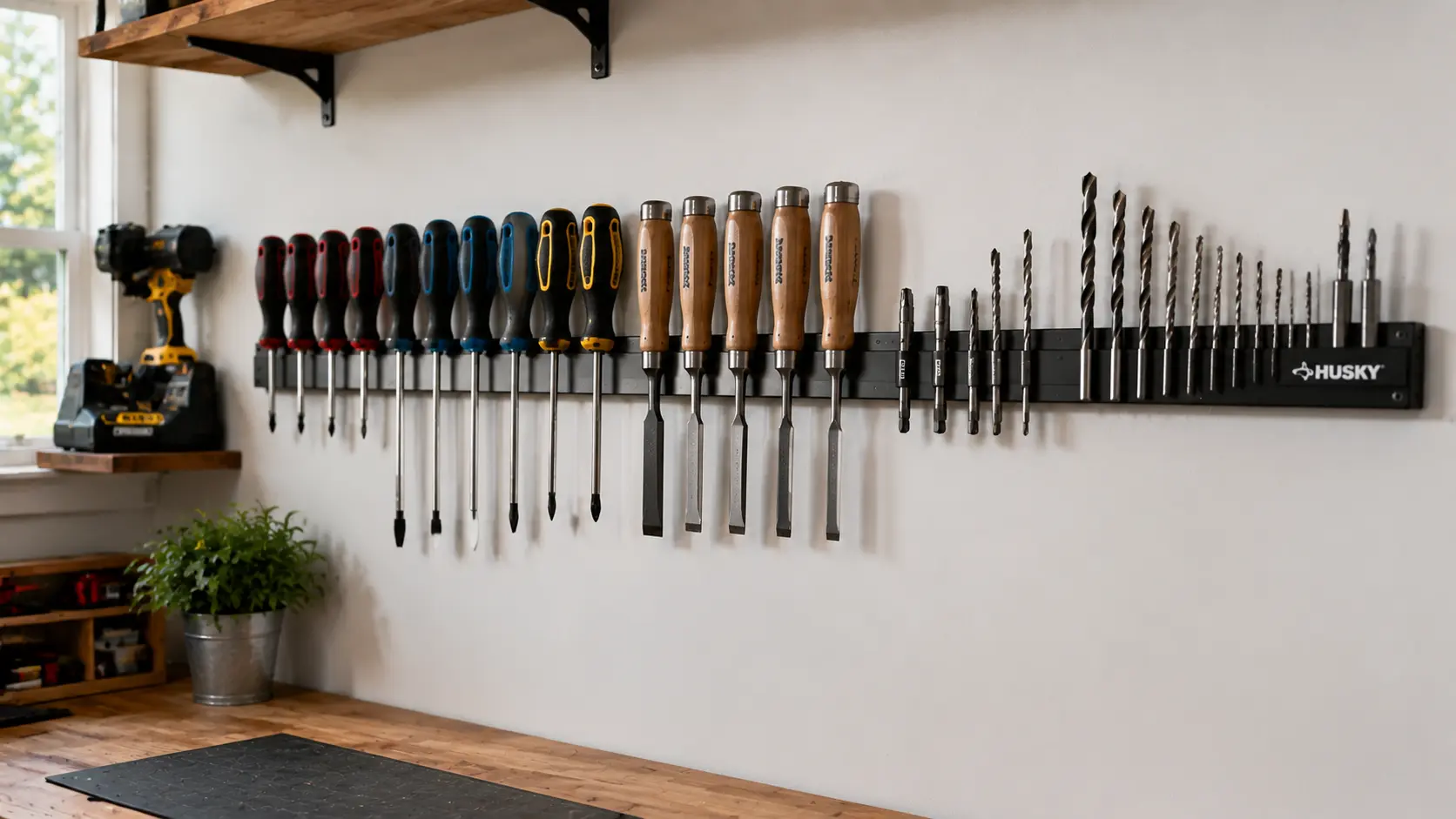 Magnetic strip holding metal tools on wall
