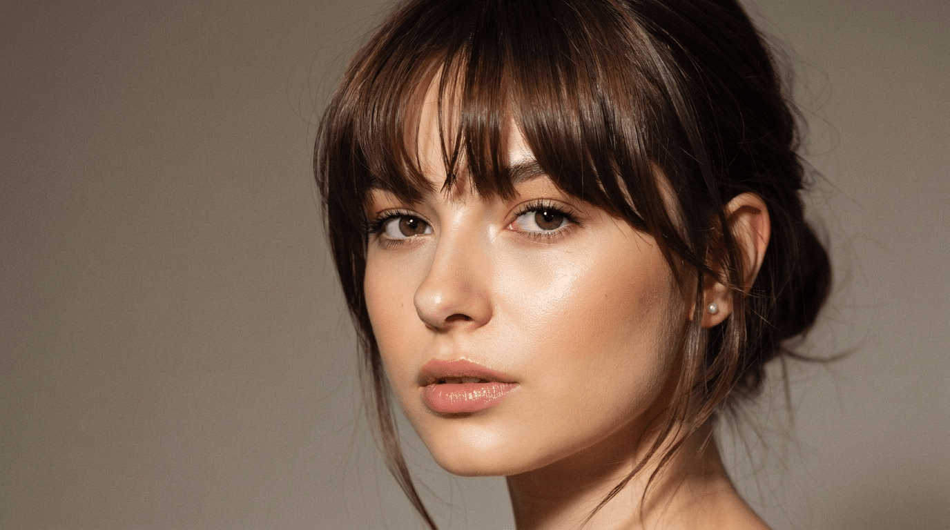 Piecey fringe with visible separation between sections for a textured finger combed look paired with an elegant updo