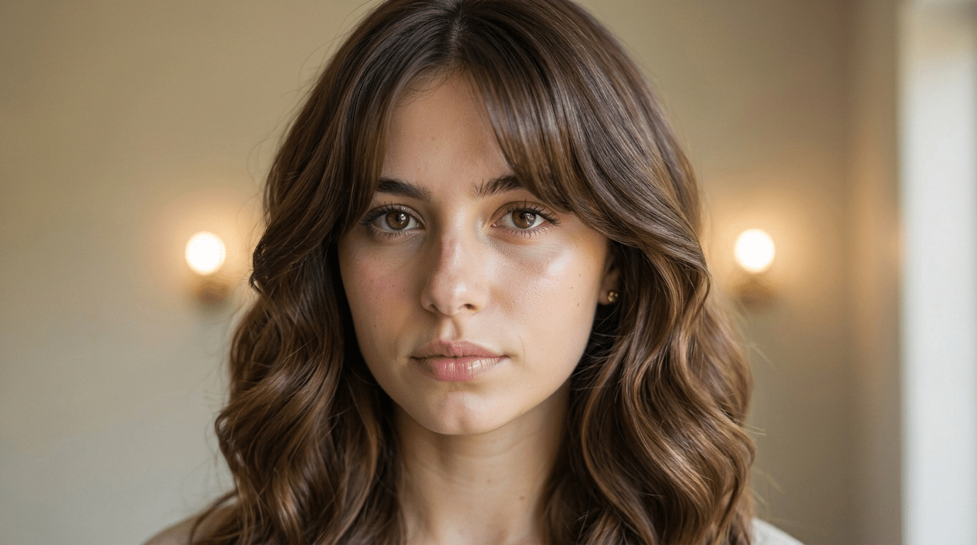 Feathered fringe haircut with light airy ends fanning outward and blending into smooth wavy layered hair