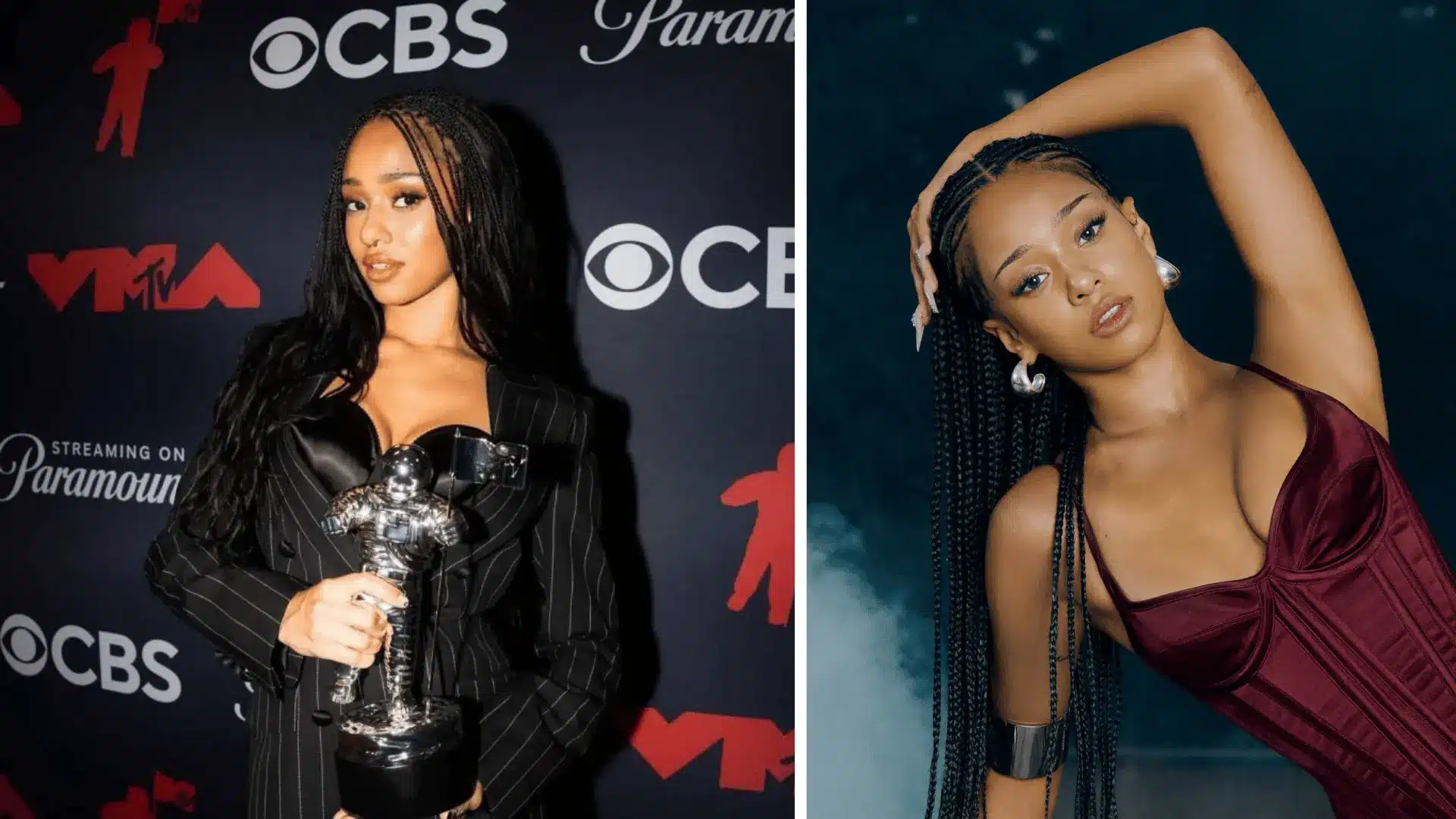 Side-by-side images of Manon Bannerman, one holding a trophy in a black pinstripe outfit at an event, one in a maroon corset posing with one arm raised