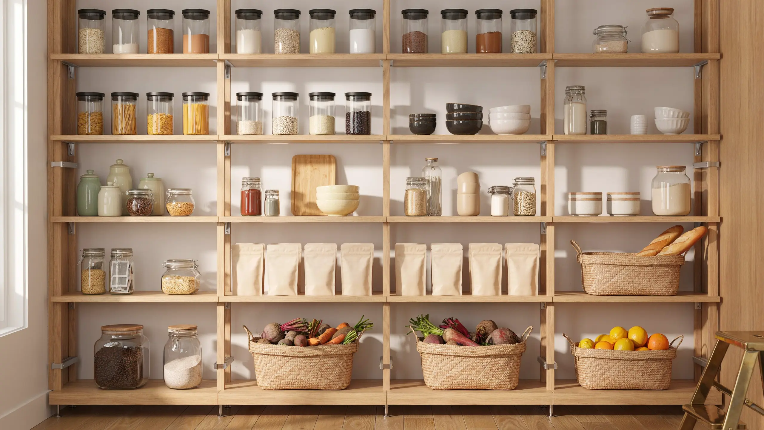 Floor-to-ceiling shelving maximizing vertical pantry space with jars and bins.