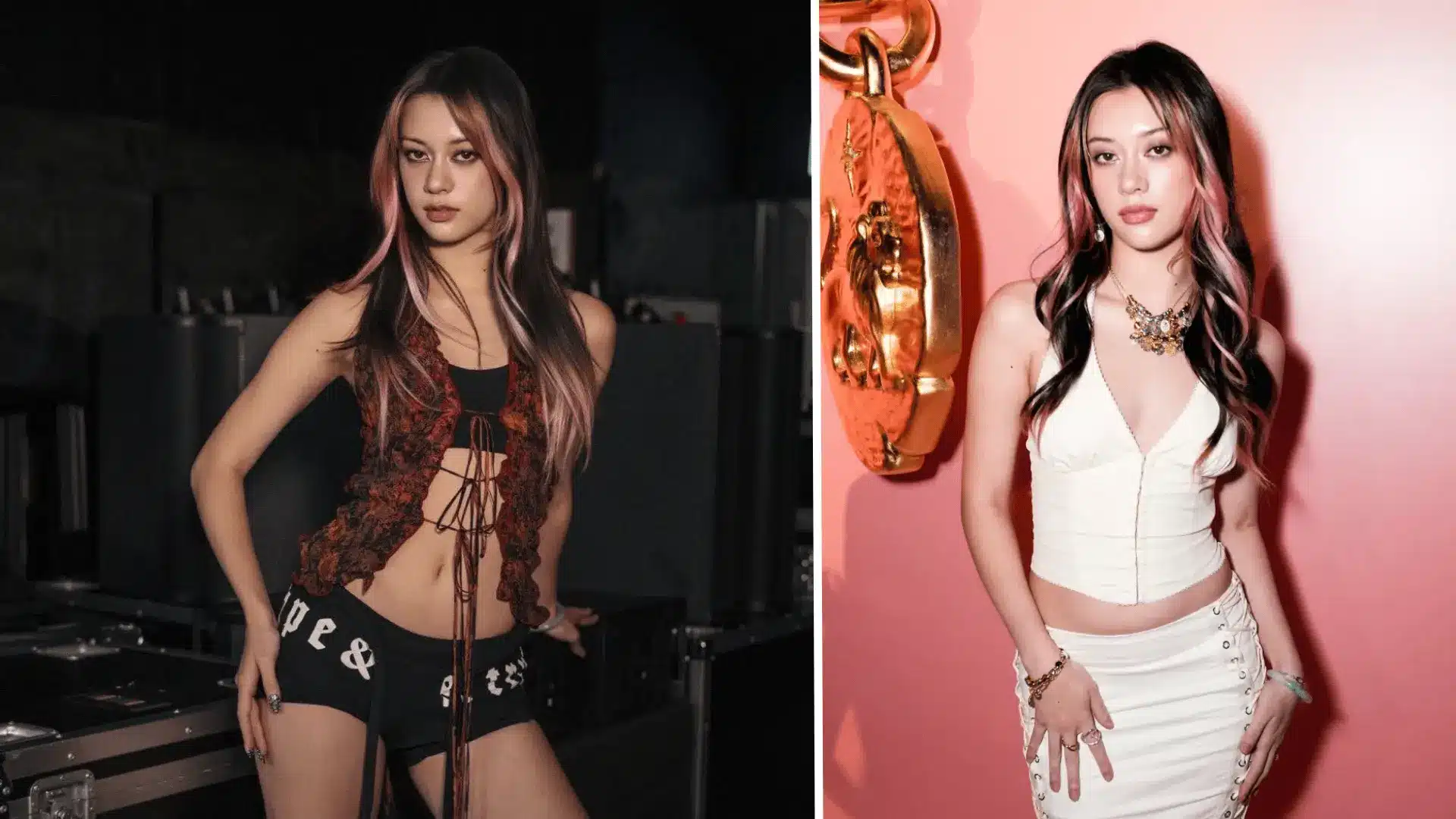 Side-by-side images of Megan Skiendiel, one in a black crop top and shorts indoors, one in a white top and skirt posing against a pink background