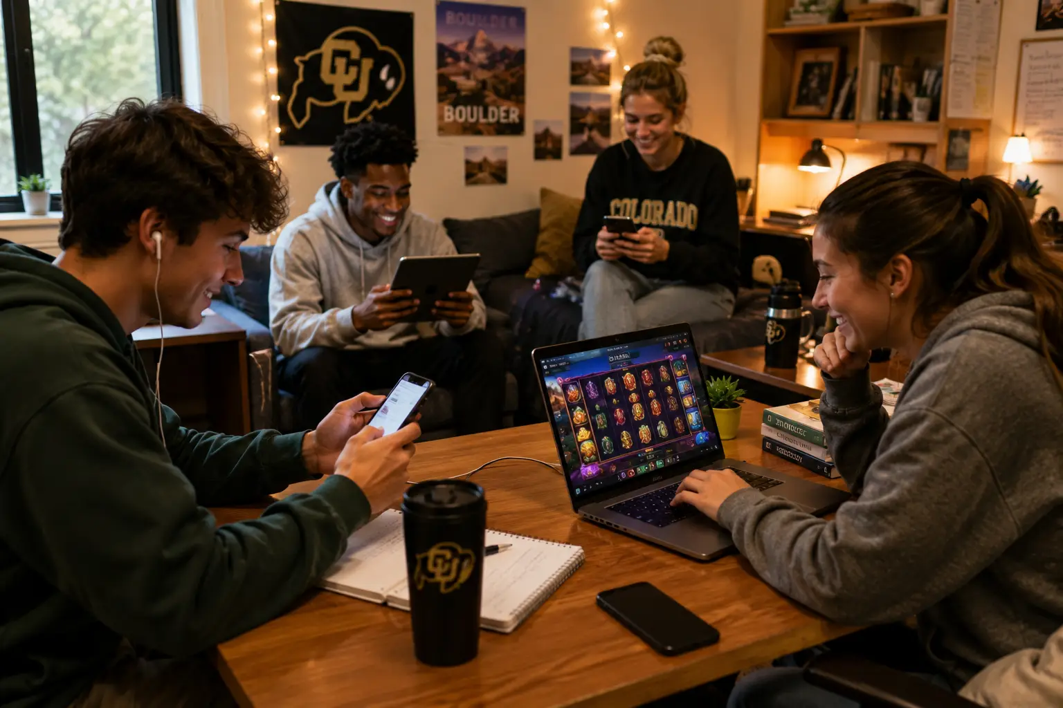 Group of students studying and using electronics in a cozy dorm room with warm lighting