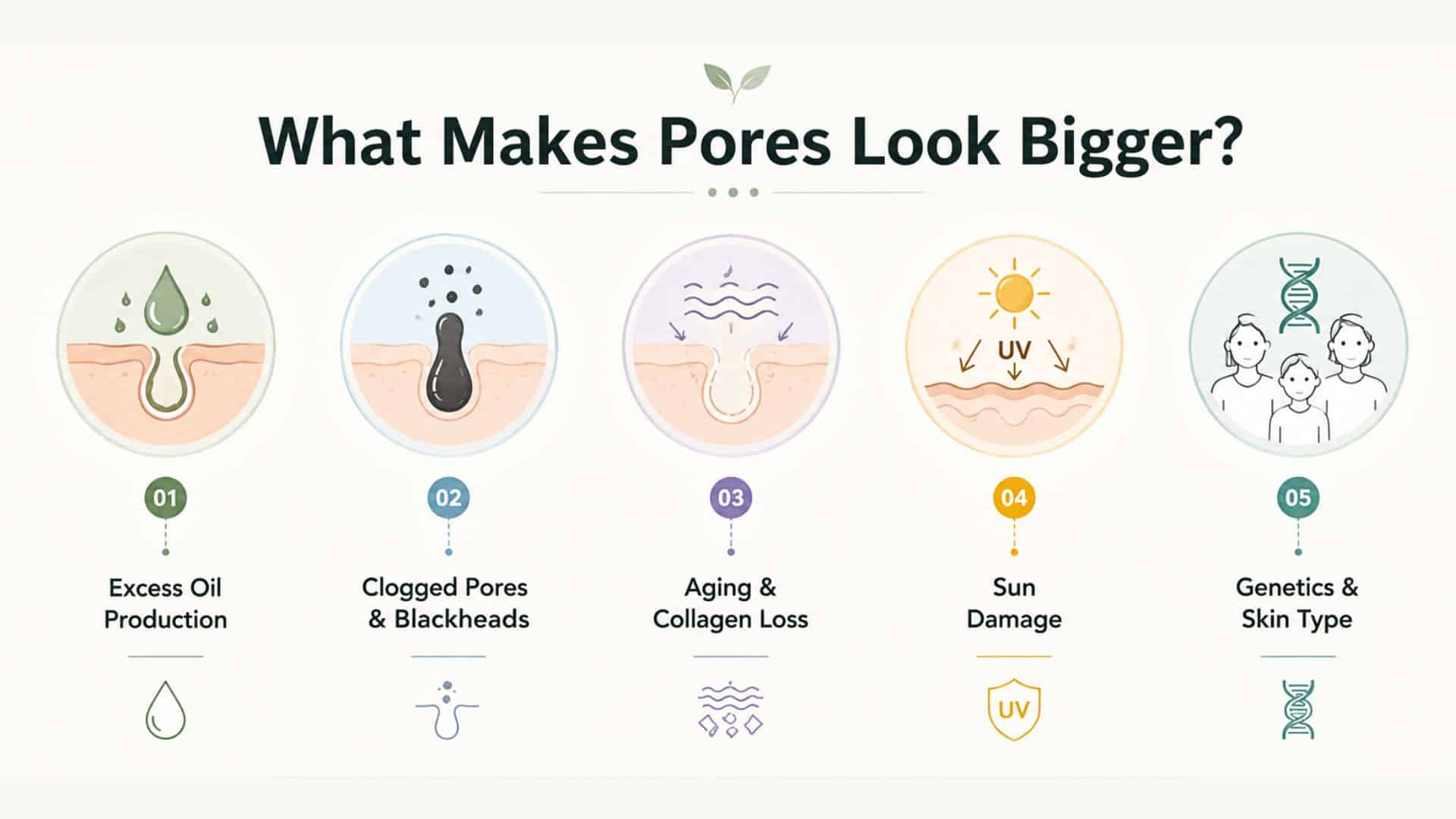 Minimal infographic showing the five main causes of enlarged pores: excess oil, clogged pores, collagen loss, sun damage, and genetics