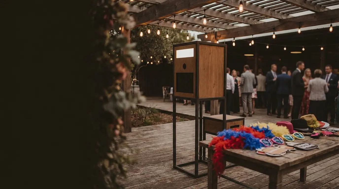 Outdoor event with photo booth and colorful props on wooden table under string lights