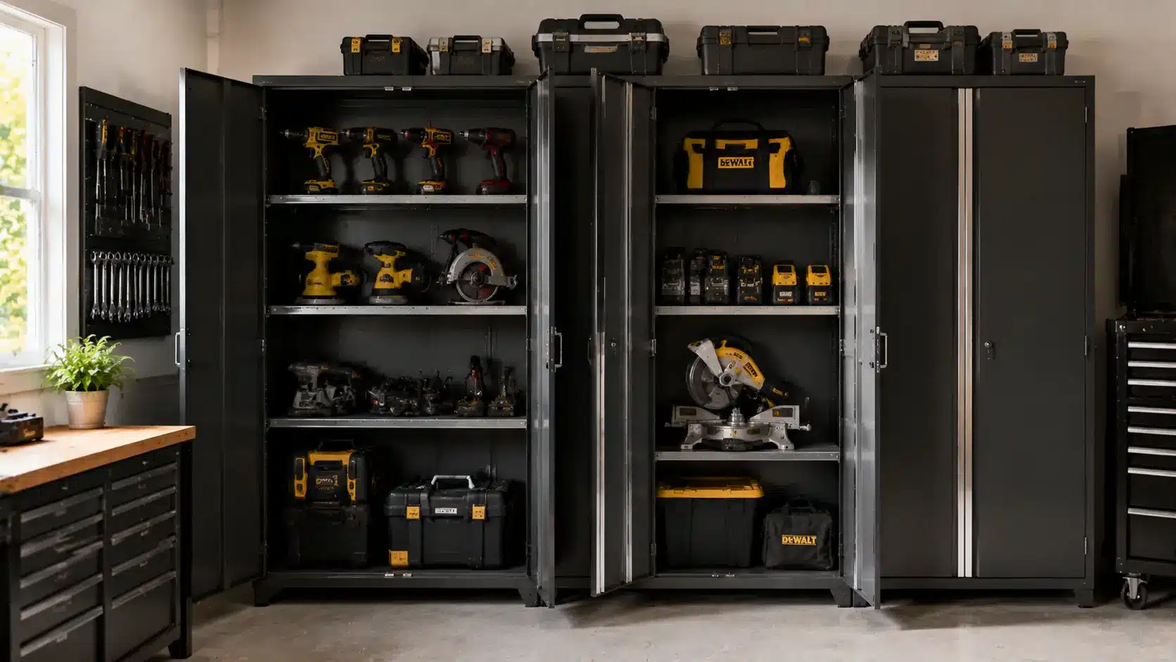 Modular garage cabinets storing tools