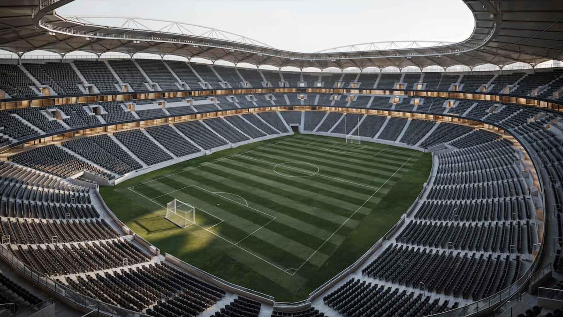 Multi-purpose stadium configured for soccer and football.