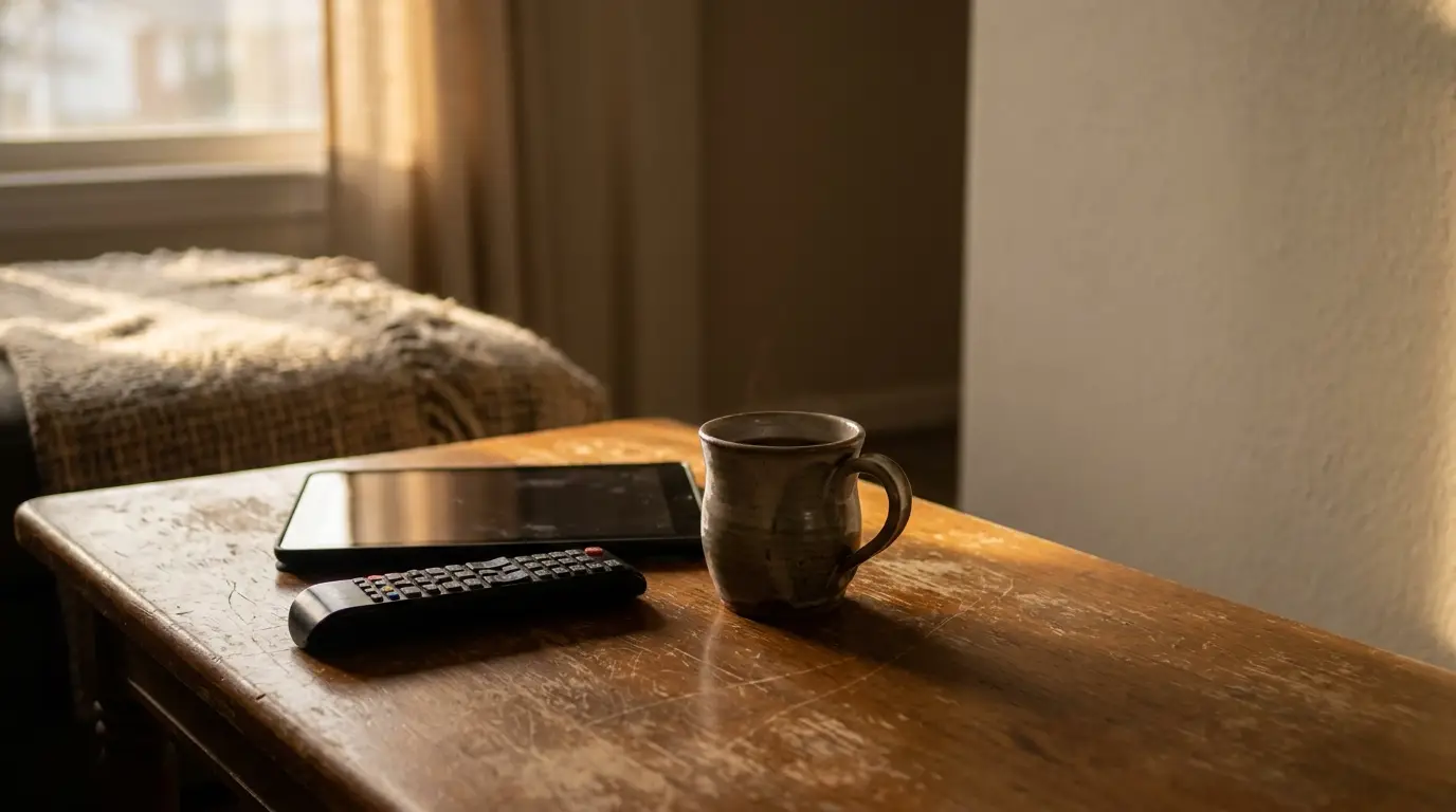 Steaming cup, tablet, and remote on wooden table in cozy sunlit room
