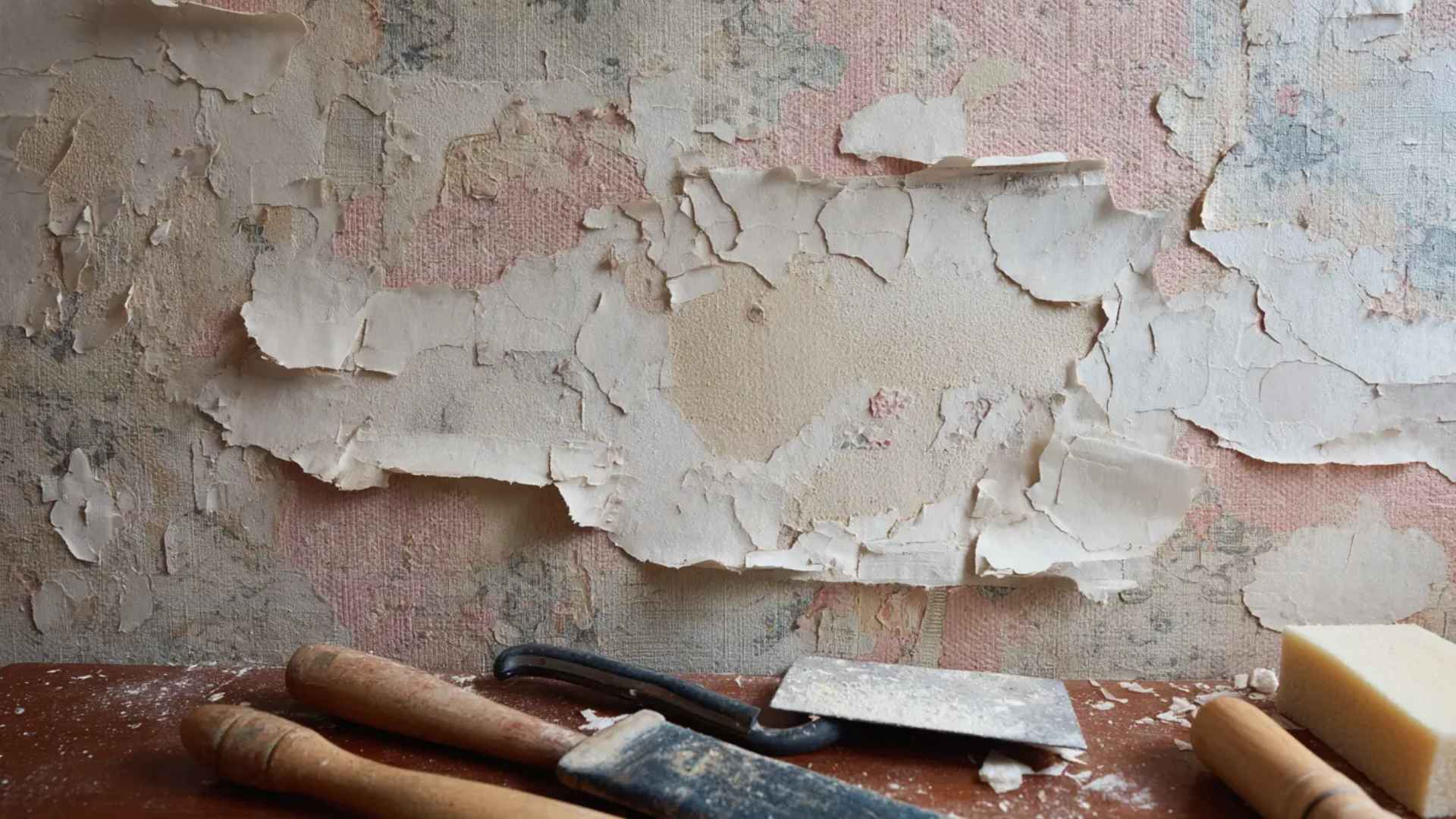 Multiple layers of wallpaper scrapped by putty knife
