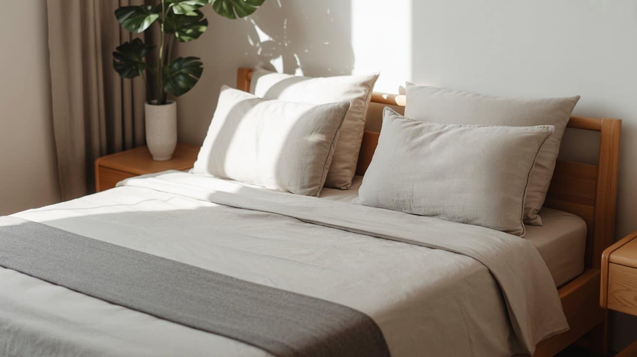 Neatly made bed with simple bedding in a minimalist bedroom, pillows aligned, sunlight highlighting clean surfaces.
