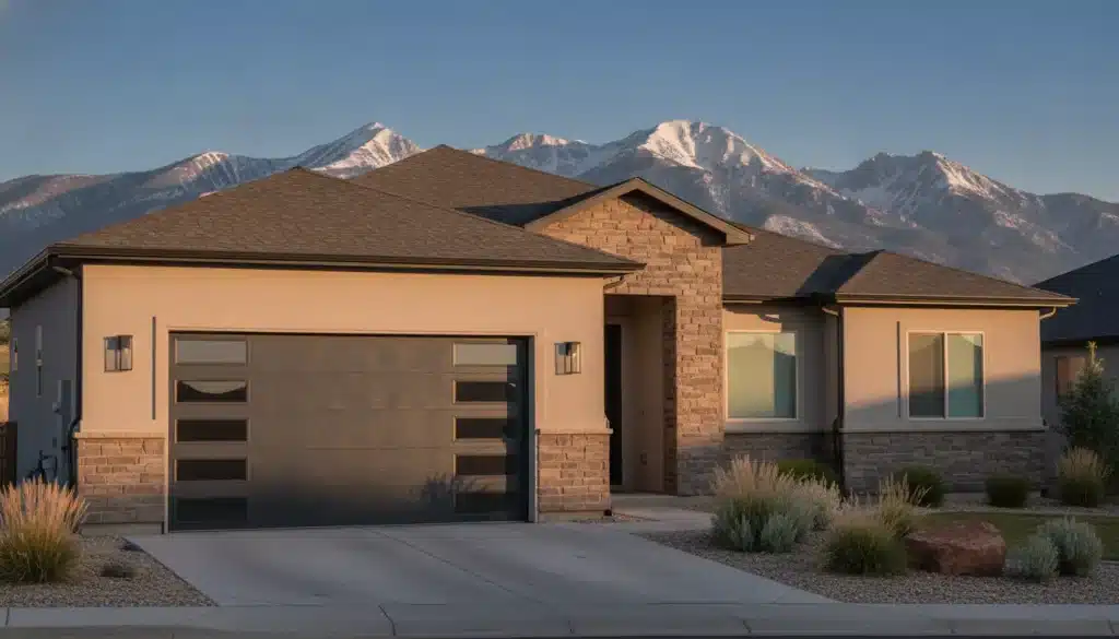 Modern house with stone facade and large garage against mountain backdrop at sunset