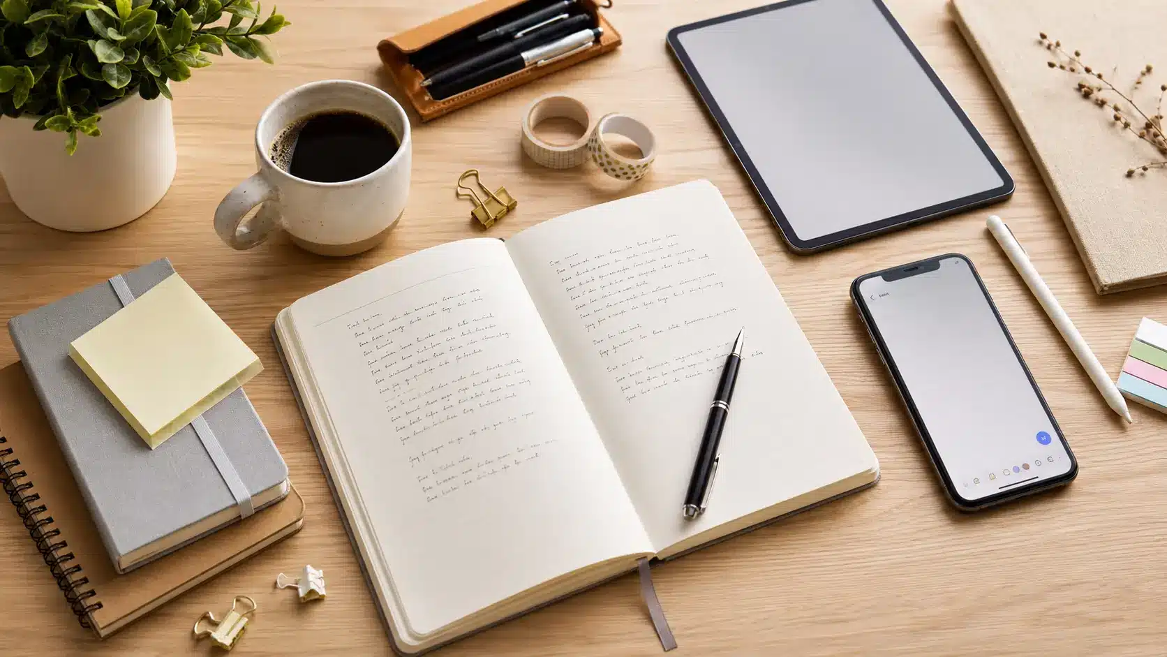Notebook, pen, and digital devices arranged as beginner journaling tools on a desk