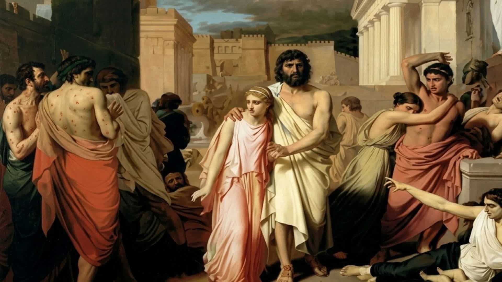 A dramatic classical scene inspired by *Oedipus Rex*, showing a tragic moment of realization and emotional intensity in an ancient Greek setting with royal architecture and solemn atmosphere.