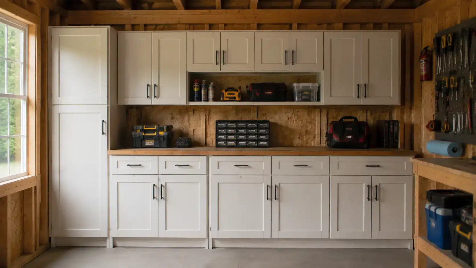 Old cabinets used for shed storage