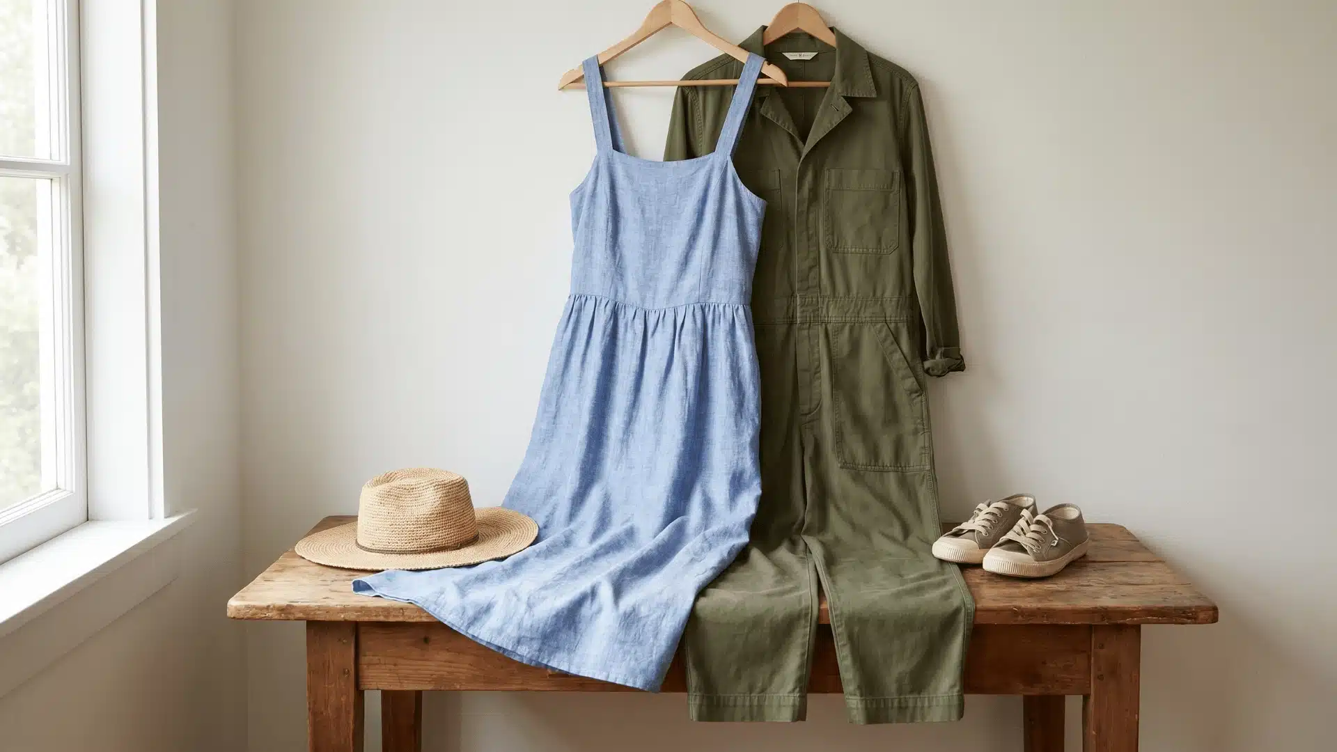 A summer dress and jumpsuit arranged neatly for a capsule wardrobe