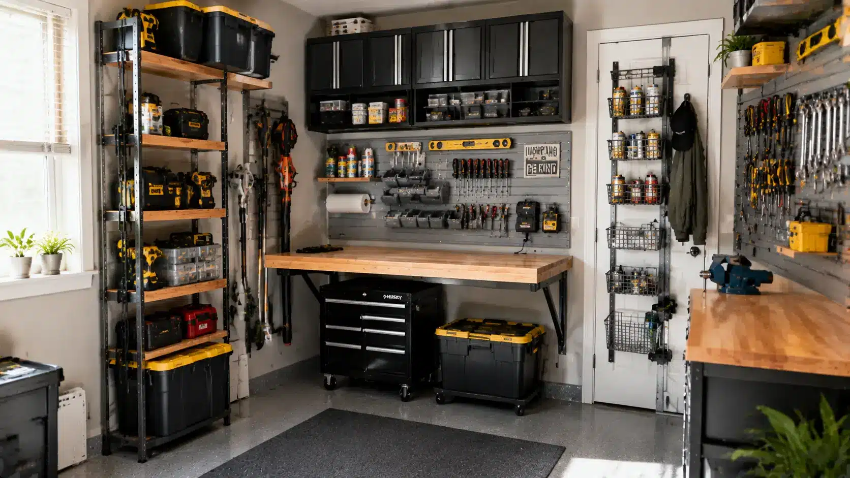 Organized small workshop with vertical storage and foldable workbench