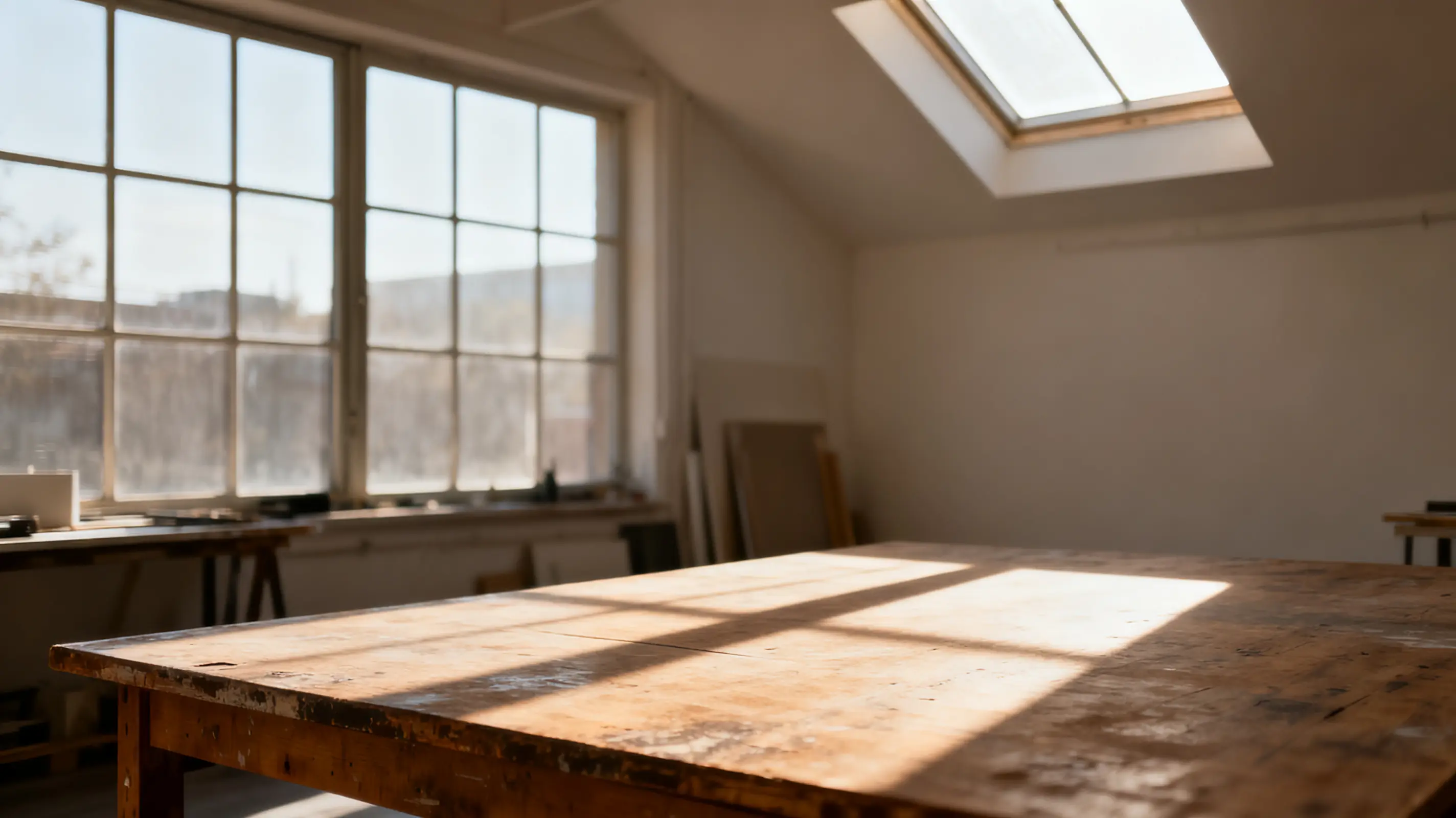 Sunlit wooden table in spacious art studio with large windows and a skylight