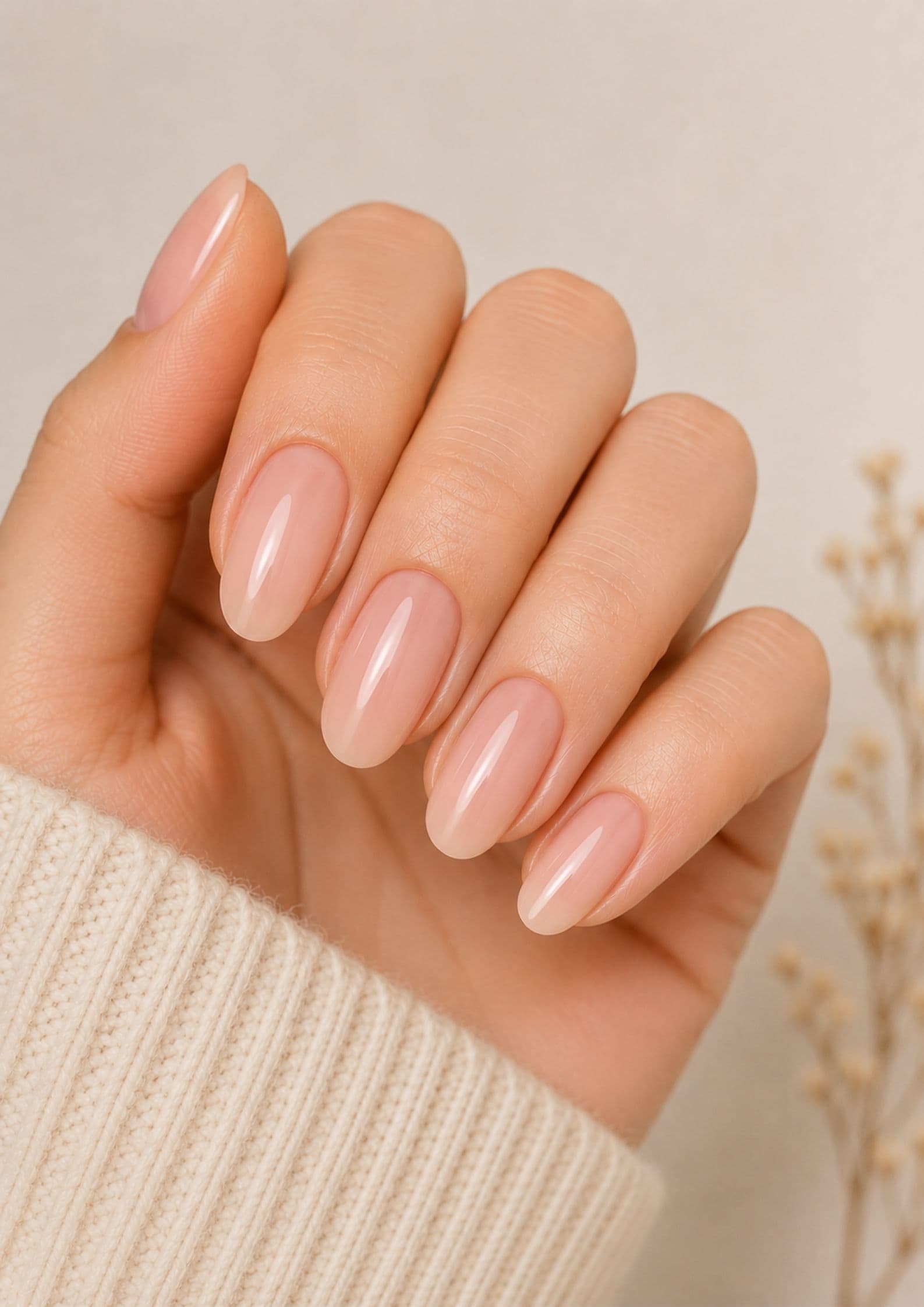Oval nude pink nails with elongated shape and rounded tips