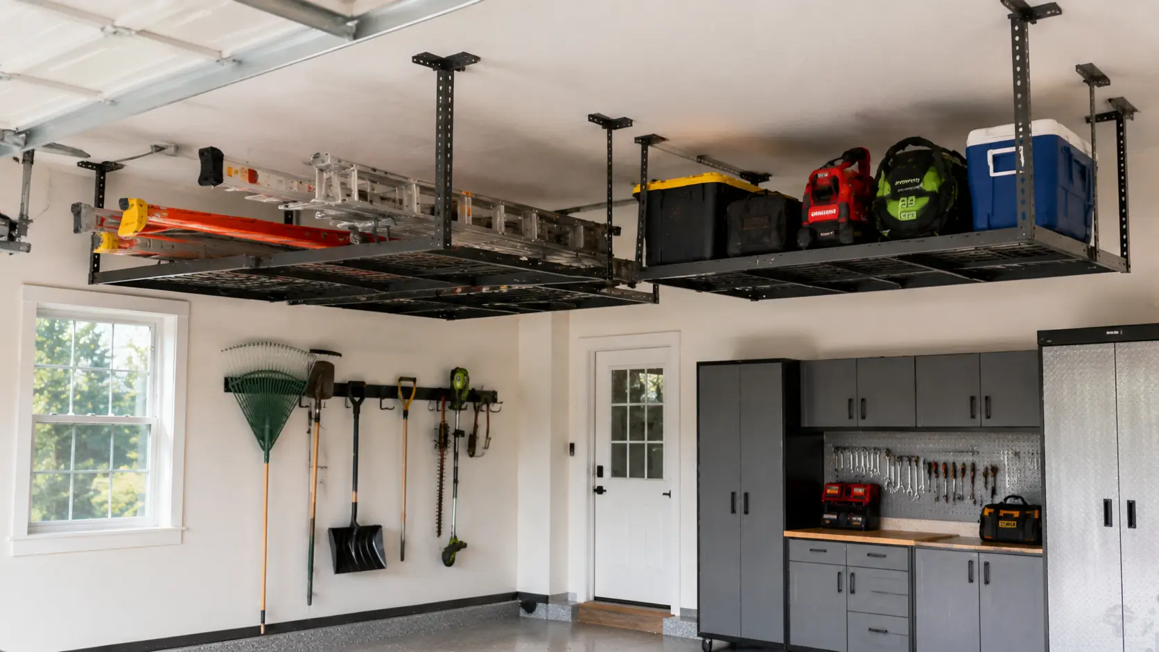 Overhead garage storage racks with tools