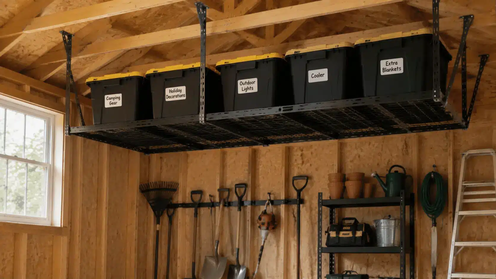 Overhead storage racks with bins.