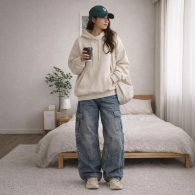 Woman in beige hoodie, cargo jeans, and cap stands in bedroom holding a coffee cup.