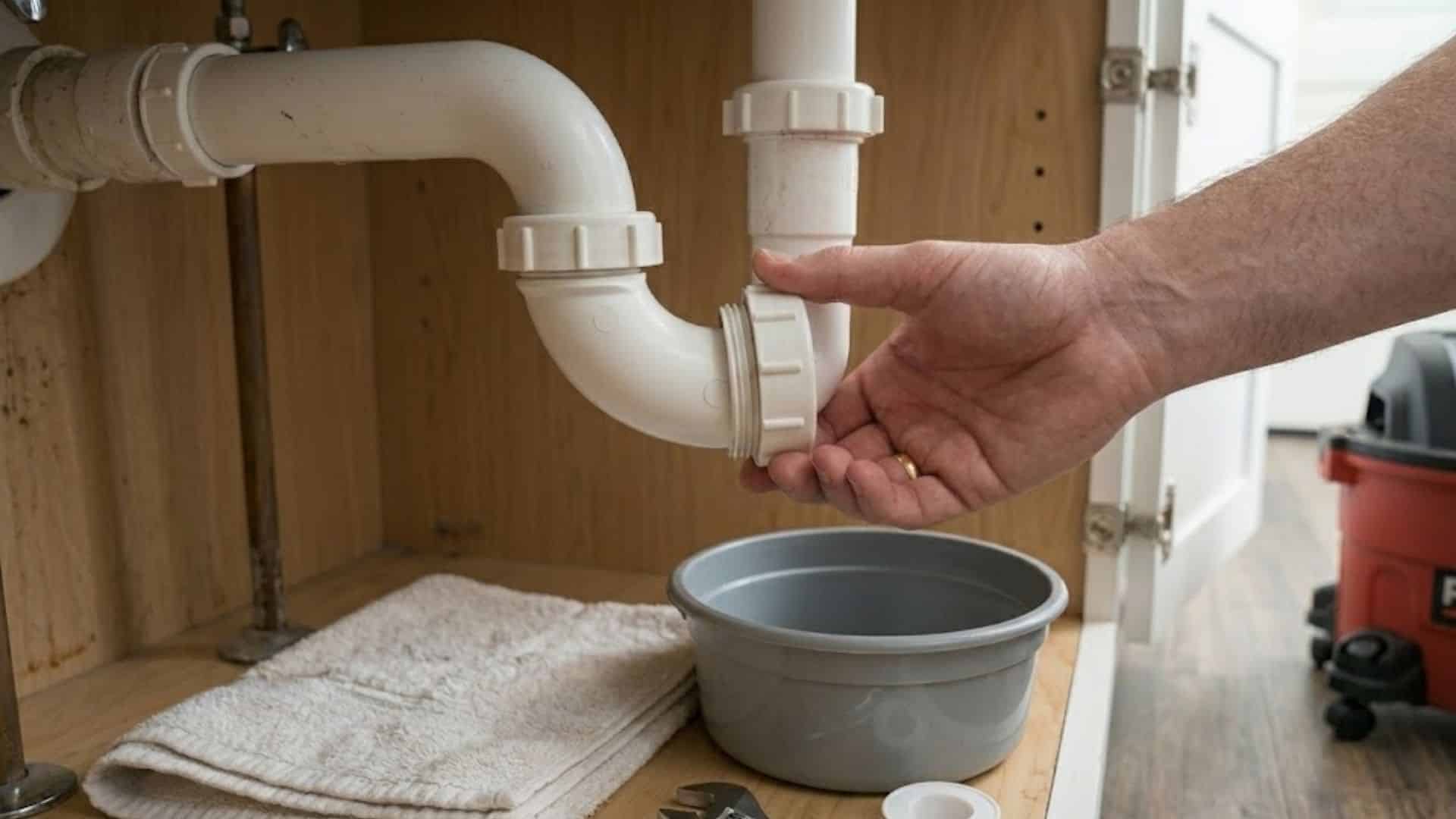 Hand reaching under a sink loosening a P-trap pipe over a bucket to catch water during plumbing repair.