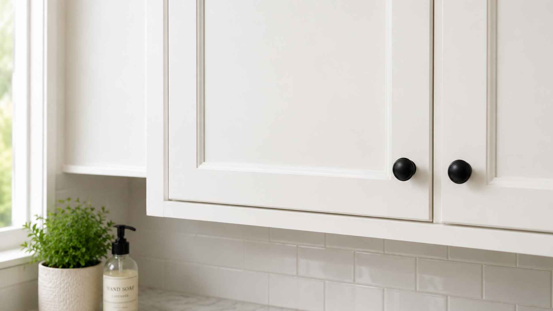 White shaker-style cabinets with black knobs, marble countertop, plant.