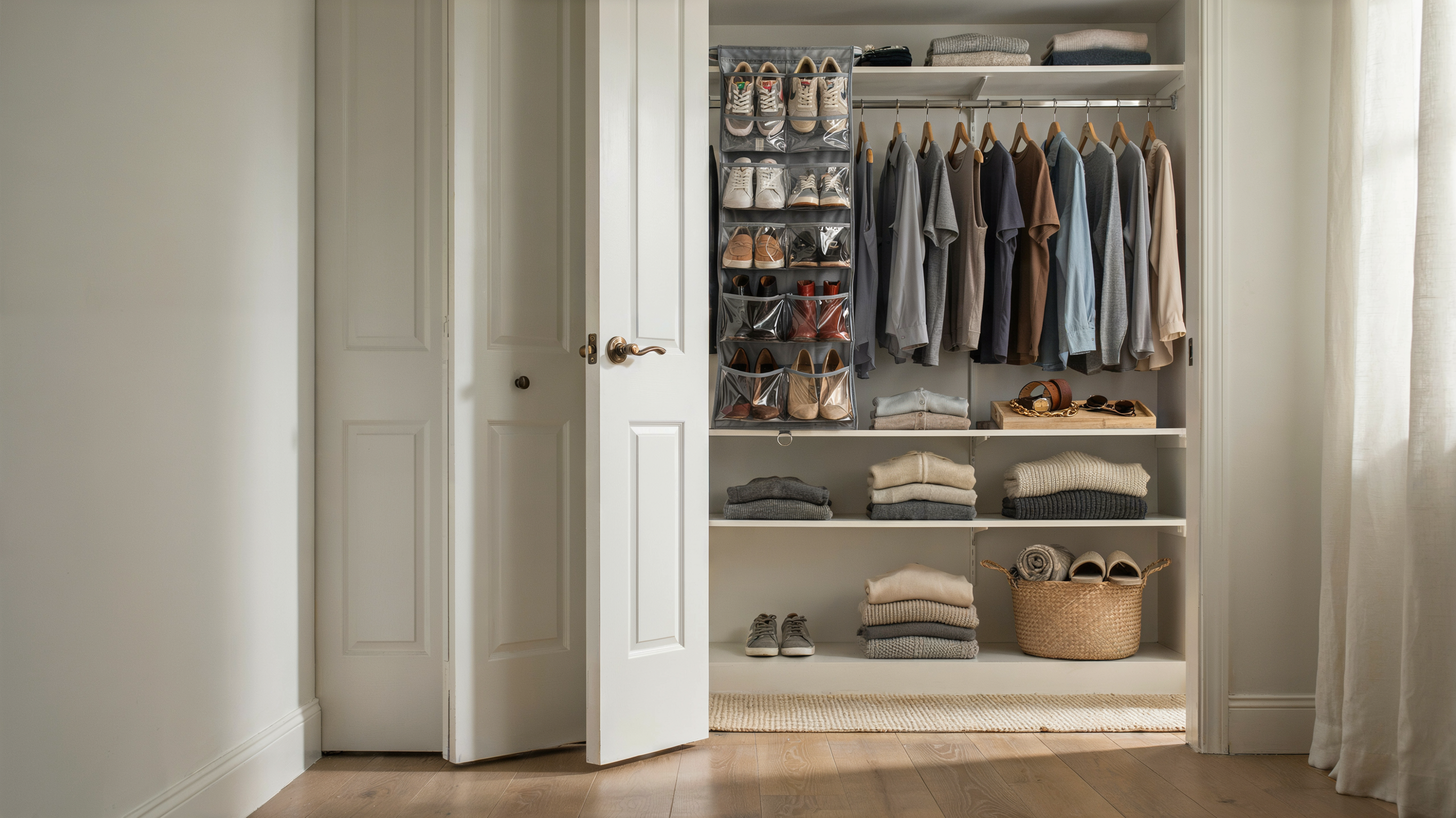 Closet or bedroom door with hanging organizers, shoes and accessories neatly stored, clean and realistic setup.
